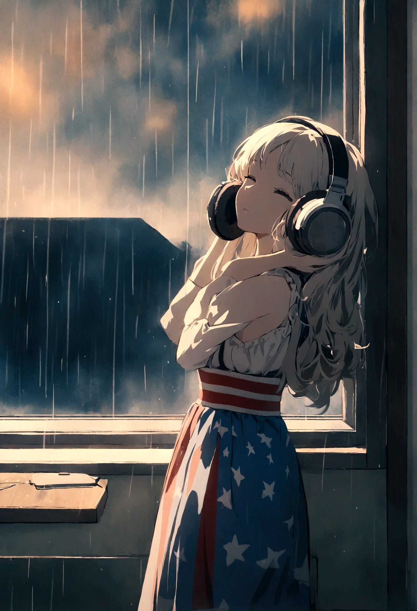 Girl listening to music wearing headphones,She wears American clothes, Rain hit the windows. wallpaper