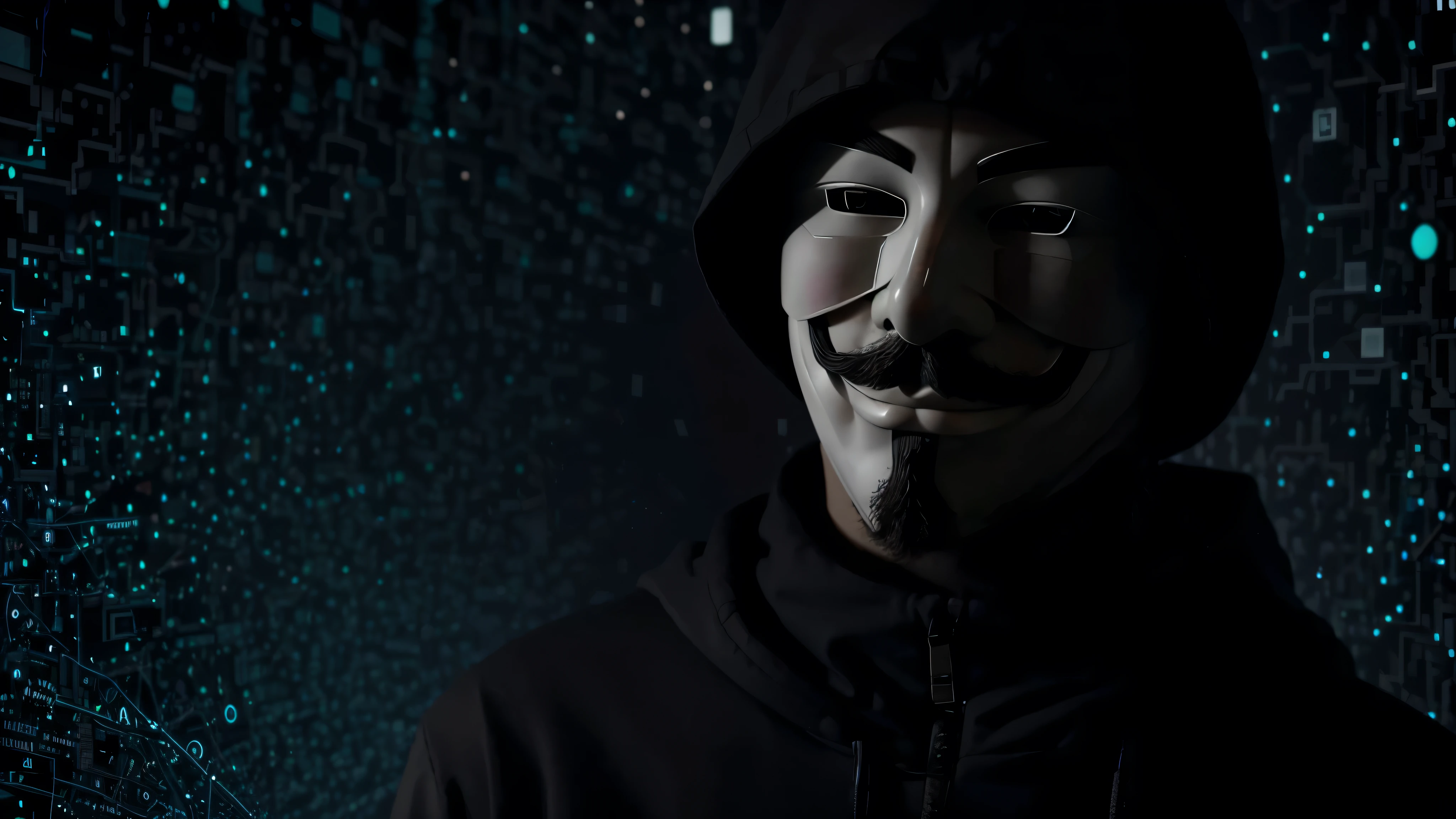 Anonymous hacker, surrounded by a network of glowing data.