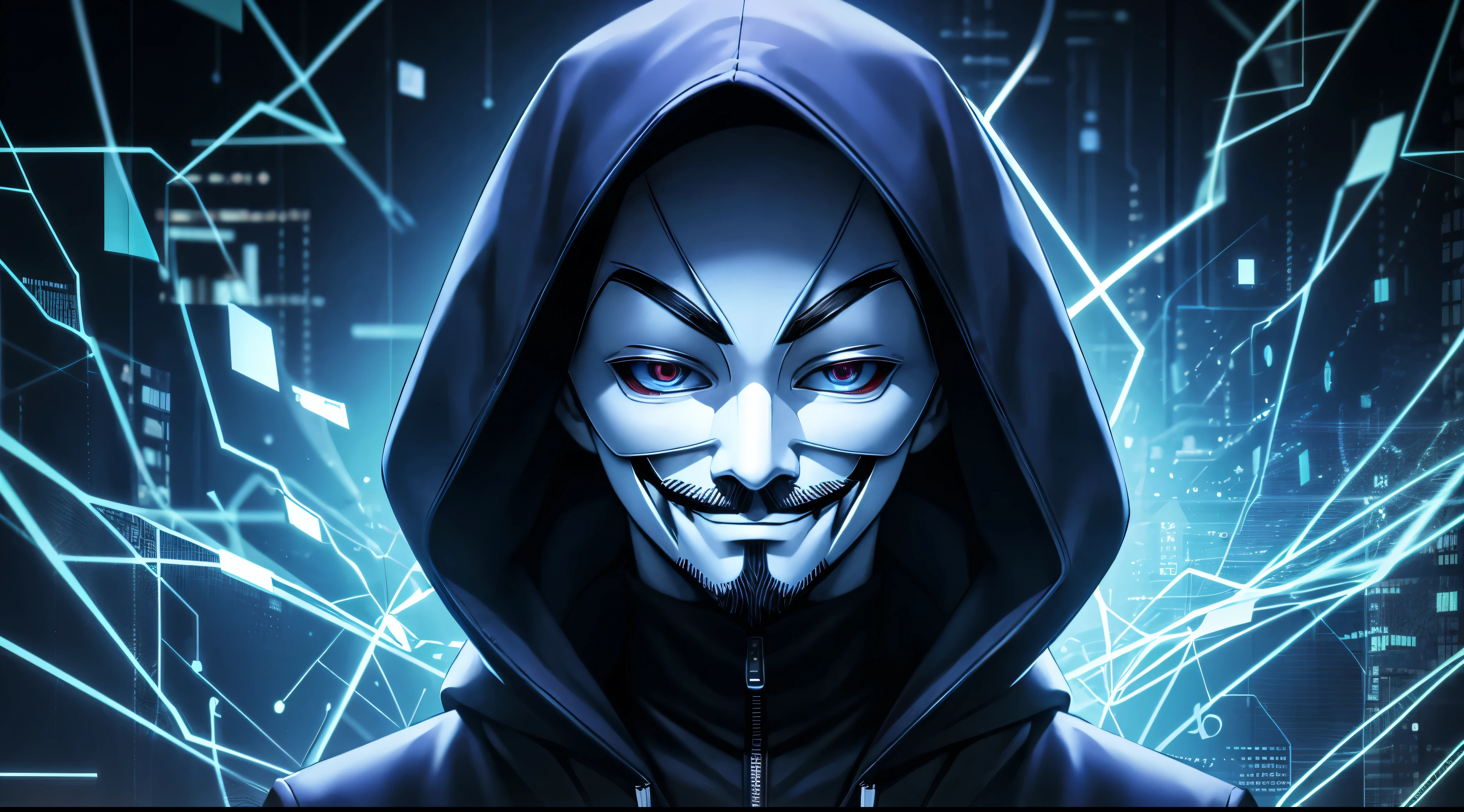 Anonymous hacker, surrounded by a network of glowing data.