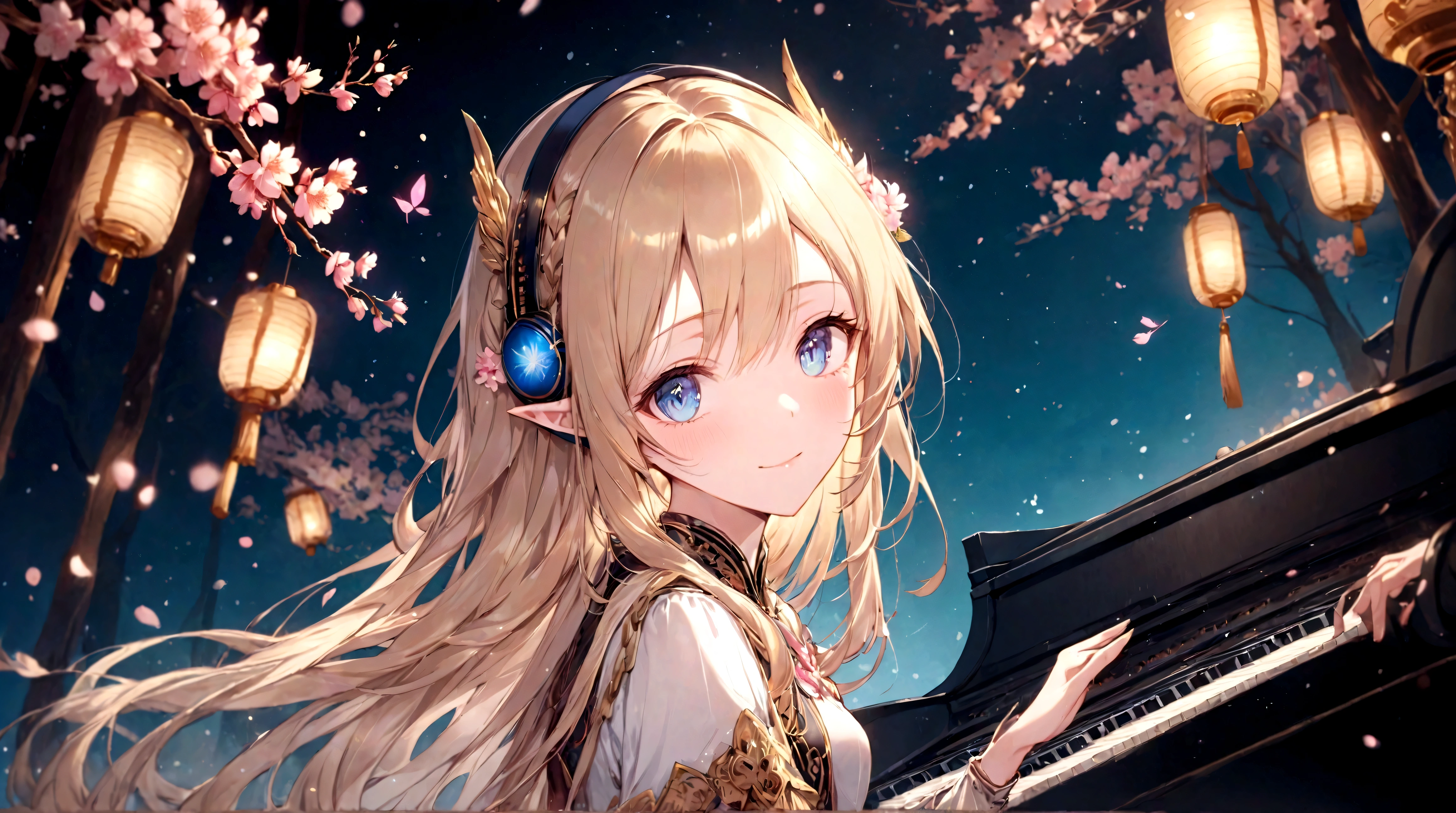 Create an anime-style image of a beautiful smiling young elven woman with cherry blossoms in her long wavy blonde hair. Cherry blossoms are falling like snow as she plays the piano, standing against a beautiful backdrop of night stalls, surrounded by blooming cherry blossoms and softly glowing lanterns. The atmosphere is romantic and serene with warm lighting. The woman is facing forward and looks at you with a calm, serene expression. Her outfit is elegant and delicate, matching the overall dreamy and fantastical atmosphere.
