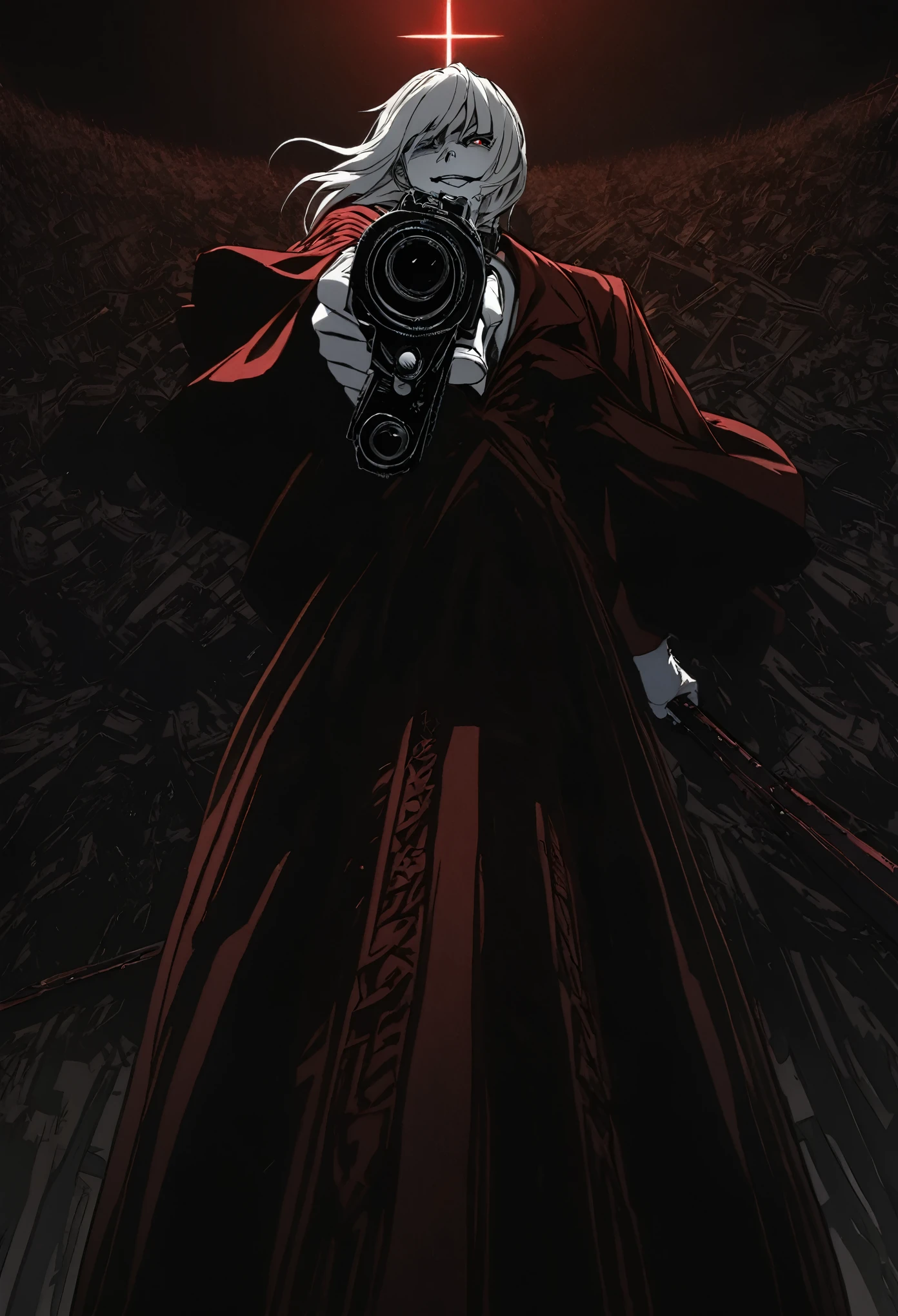 Alucard from "Hellsing" in close-up, in high quality.  Fisheye effect, focusing the image on the barrels of their distinctive engraved pistols, the Jackal and the Casull, pointing directly at the viewer.  The image shows his iconic red outfit in great detail, with the crimson coat fluttering slightly in the wind, and his white gloves with pentagrams clearly visible.  In the background, his face is clearly seen, with crimson eyes shining with malice and a cynical smile that reveals his sharp fangs.  The atmosphere is dark and oppressive, with high contrast to intensify his aura of terror.((dual weapons))