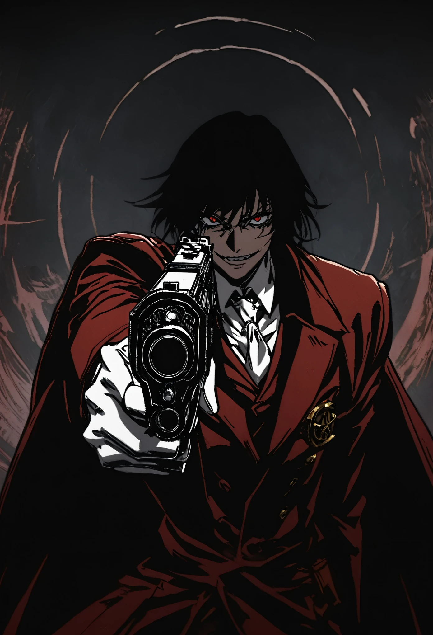 Alucard from "Hellsing" in close-up, in high quality.  Fisheye effect, focusing the image on the barrels of their distinctive engraved pistols, the Jackal and the Casull, pointing directly at the viewer.  The image shows his iconic red outfit in great detail, with the crimson coat fluttering slightly in the wind, and his white gloves with pentagrams clearly visible.  In the background, his face is clearly seen, with crimson eyes shining with malice and a cynical smile that reveals his sharp fangs.  The atmosphere is dark and oppressive, with high contrast to intensify his aura of terror.((dual weapons))