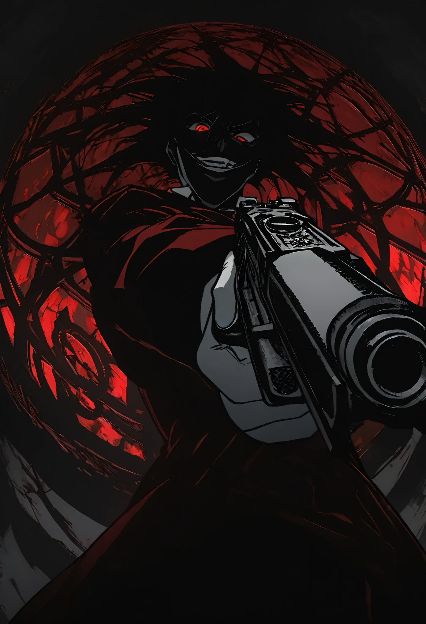 Alucard from "Hellsing" in close-up, in high quality.  Fisheye effect, focusing the image on the barrels of their distinctive engraved pistols, the Jackal and the Casull, pointing directly at the viewer.  The image shows his iconic red outfit in great detail, with the crimson coat fluttering slightly in the wind, and his white gloves with pentagrams clearly visible.  In the background, his face is clearly seen, with crimson eyes shining with malice and a cynical smile that reveals his sharp fangs.  The atmosphere is dark and oppressive, with high contrast to intensify his aura of terror.((dual weapons))