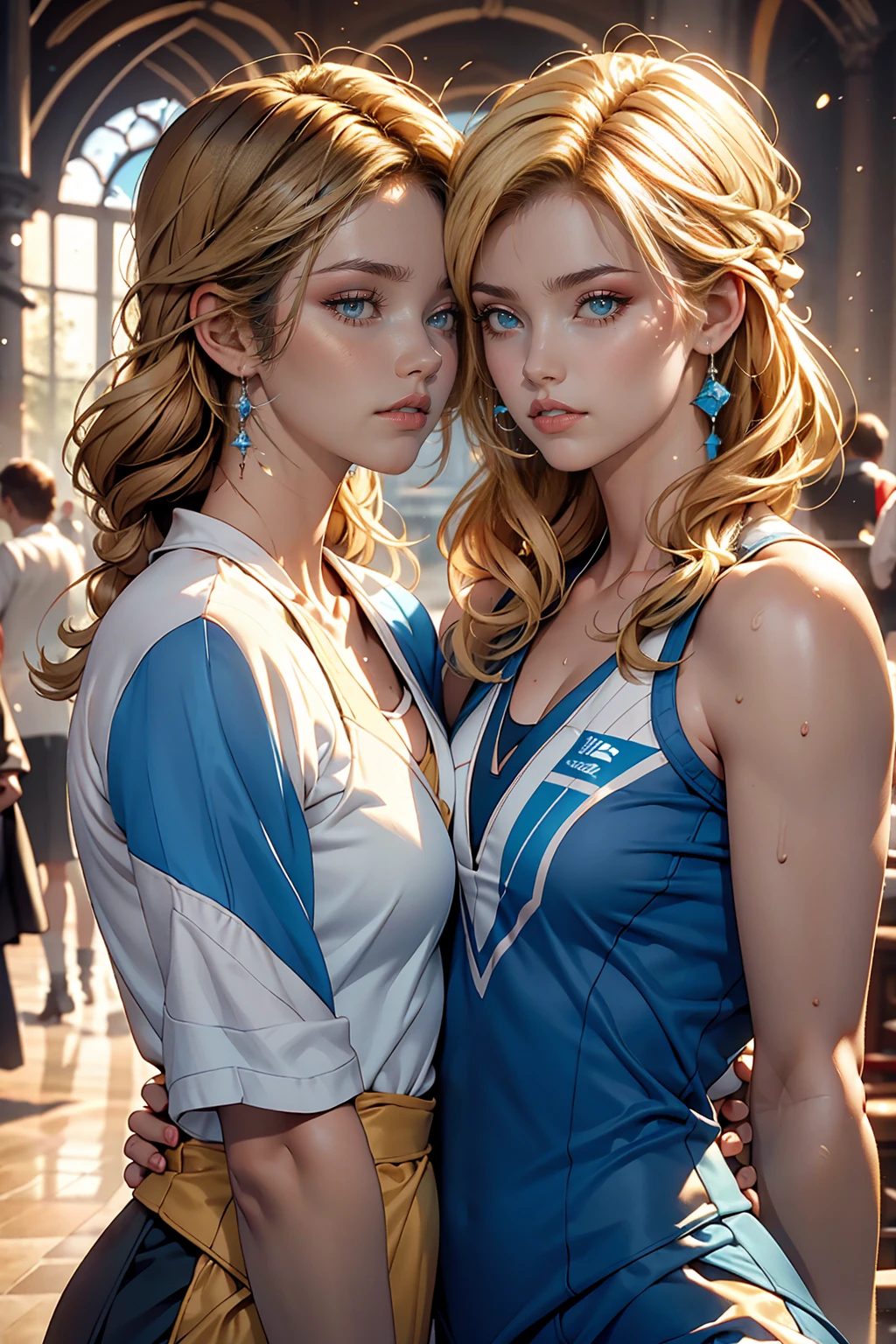 Two women kissing side by side, Wearing a white and blue volleyball suit, No sleeve, At the same height, (Brunette, Sunburned) (Blonde), small, Sweaty chest, masterpiece, highest quality, Great Shadows, Detailed Background, Silk Shot