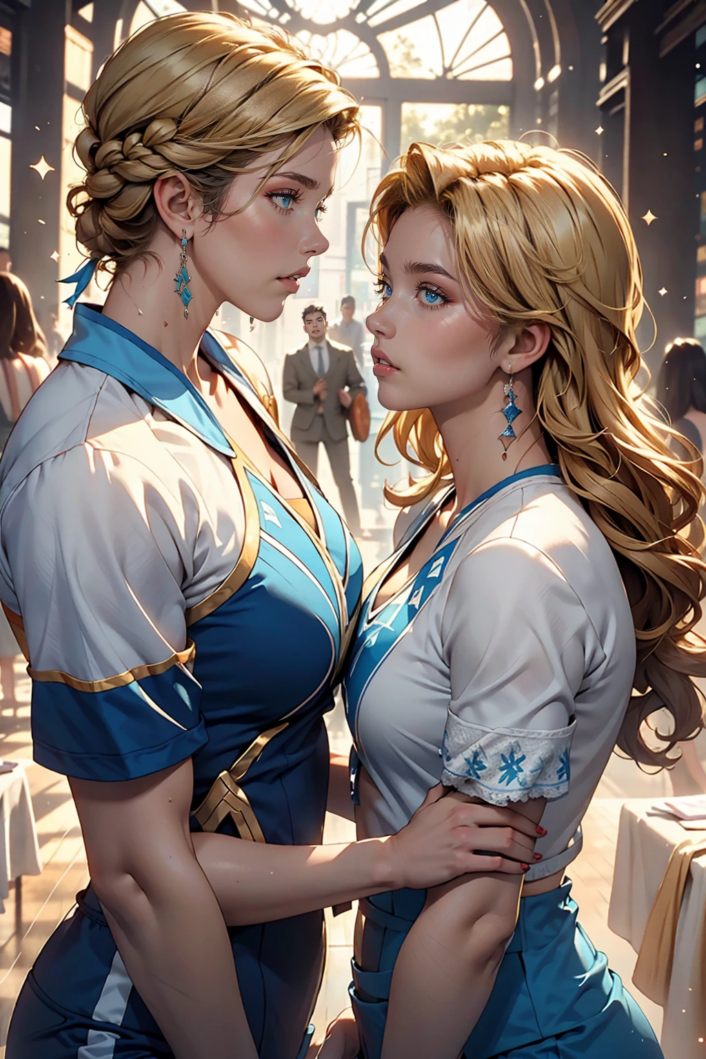 Two women kissing side by side, Wearing a white and blue volleyball suit, No sleeve, At the same height, (Brunette, Sunburned) (Blonde), small, Sweaty chest, masterpiece, highest quality, Great Shadows, Detailed Background, Silk Shot