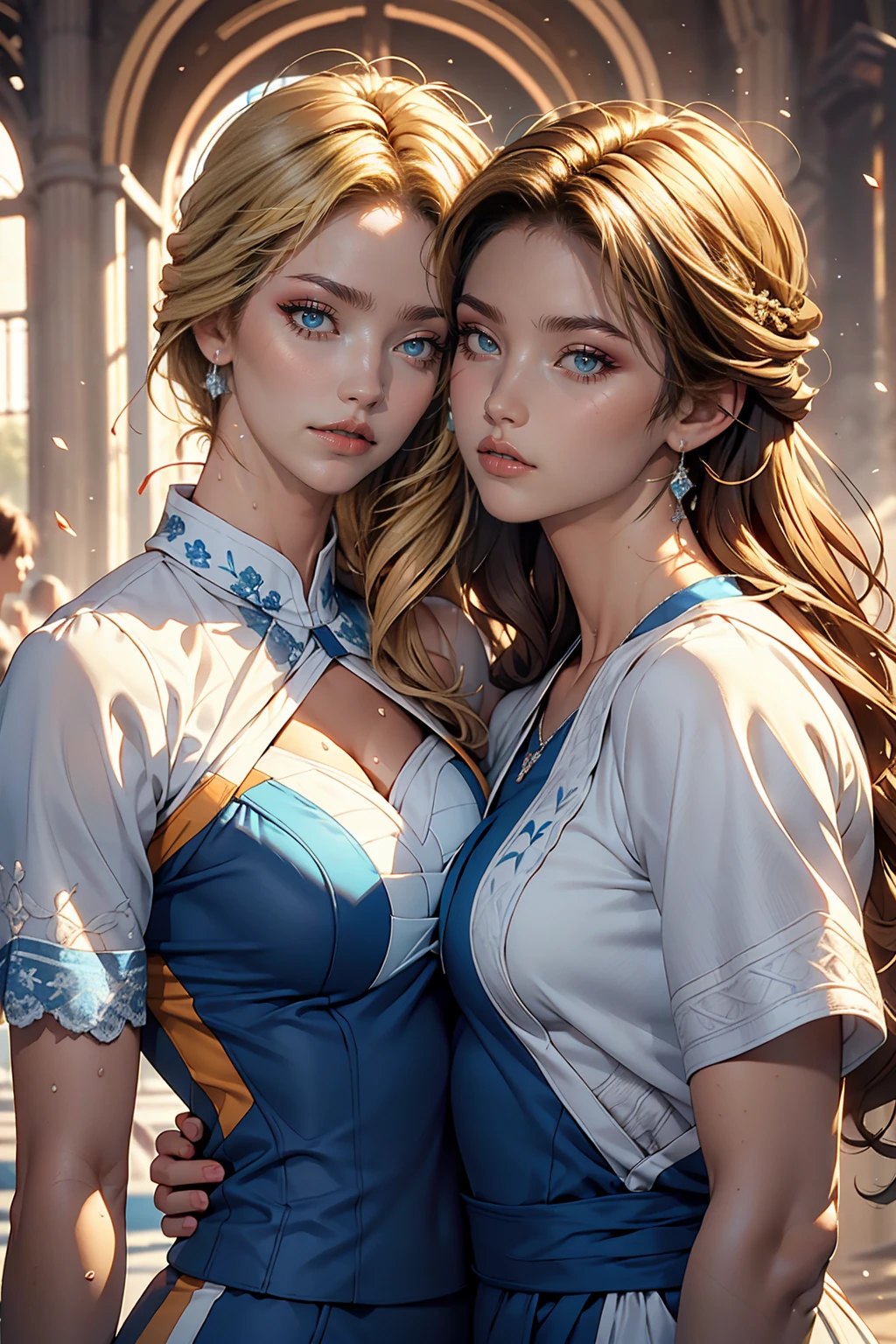 Two women kissing side by side, Wearing a white and blue volleyball suit, No sleeve, At the same height, (Brunette, Sunburned) (Blonde), small, Sweaty chest, masterpiece, highest quality, Great Shadows, Detailed Background, Silk Shot