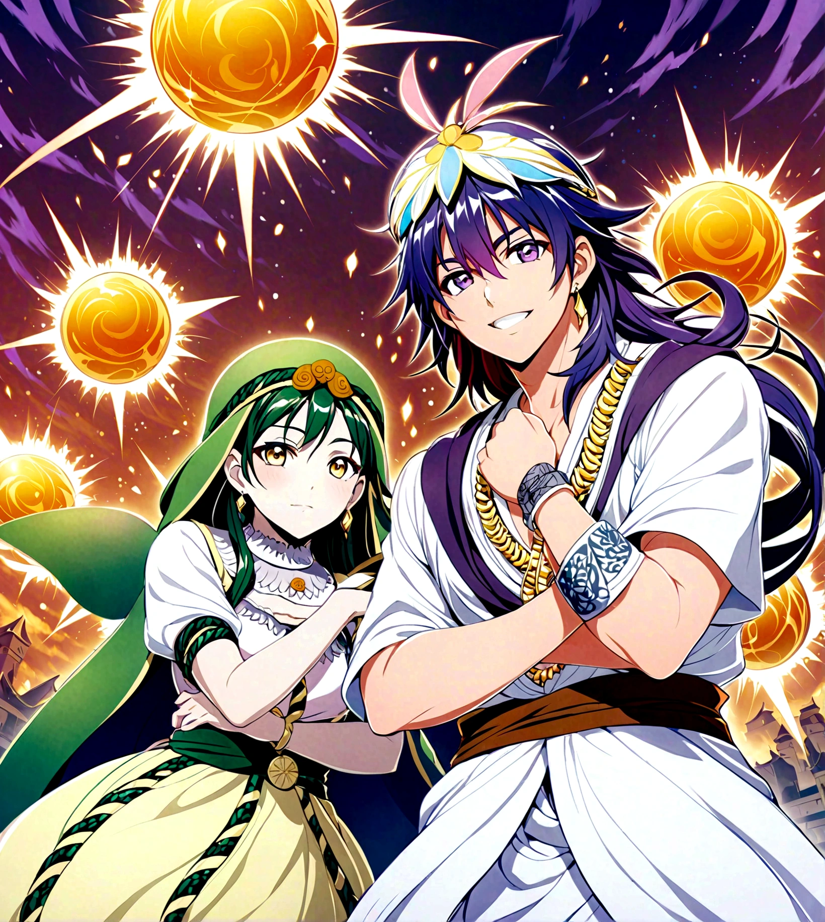 Japanese Manga "Magi: The Labyrinth of Magic", sinbad, magi, 1boy, solo, Male focus, looking at the viewer, jewelry, purple hair, brown eyes, long hair, deep eyes, handsome appearance and heroic temperament, gorgeous clothing, wearing headdress and jewelry, showing aristocratic majesty and elegance, his burly and strong figure, showing his strong fighting ability and leadership style, magic tools, magic battle, lightning explosion, masterpiece, best quality, high quality, full body, long shot