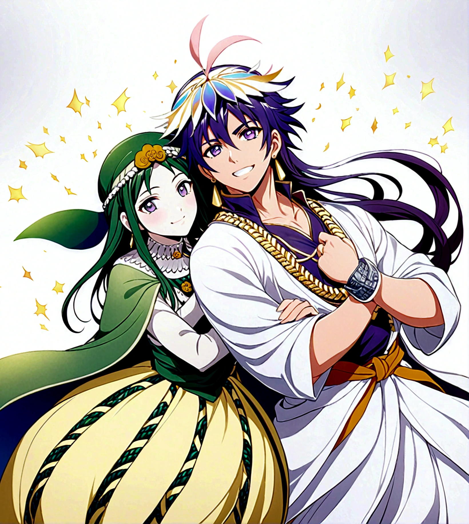Japanese Manga "Magi: The Labyrinth of Magic", sinbad, magi, 1boy, solo, Male focus, looking at the viewer, jewelry, purple hair, brown eyes, long hair, deep eyes, handsome appearance and heroic temperament, gorgeous clothing, wearing headdress and jewelry, showing aristocratic majesty and elegance, his burly and strong figure, showing his strong fighting ability and leadership style, magic tools, magic battle, lightning explosion, masterpiece, best quality, high quality, full body, long shot
