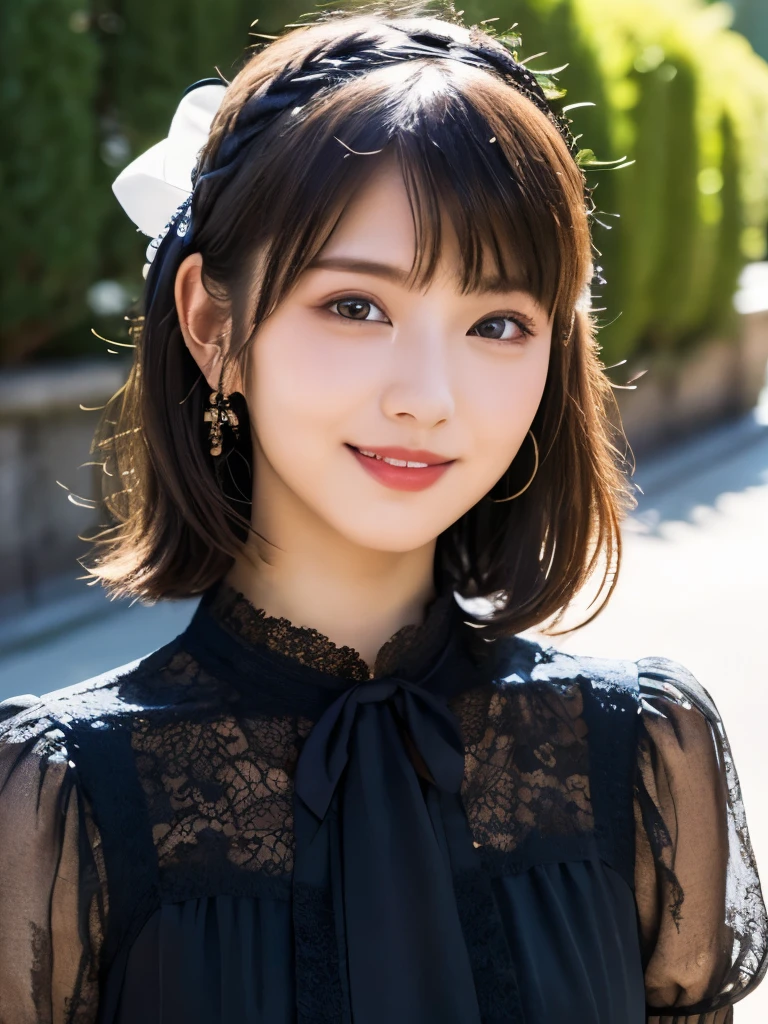 (Realistic, photo-Realistic:1.37), Incredibly absurd, (Very detailed:1.3), 8k, (masterpiece), (highest quality:1.4), (Ultra-high resolution:1.2), (RAW Photos:1.2), Very detailed background, (unity 8k wallpaper), 1 nogizaka girl, very cute, bishojo, years, (Gothic Lolita Fashion), Exquisitely drawn beautiful faces, eyes and skin, Detailed black shiny hair, Elegant frills, Frilled tie, Ribbon tie, Rose Hair Accessories, Delicate lace dress, Soft fabric, Beautiful rose pattern, Smiling for the camera, Cowboy Shot, European castle landscape, Professional Lighting