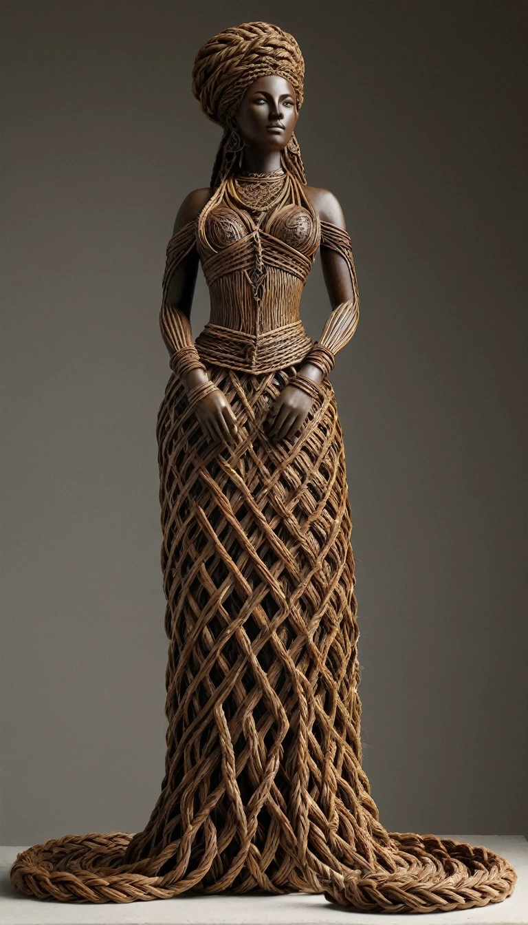 Sculpture du corp d'une sublime grande femme faite en rotin tressés, corps entier, highly detailed rattan, very long hair in dark raffia rope braided braids , Sculpture très détaillé, (proportions parfaites, poitrine effet push-up,  long sublime legs very detailed, marche vers moi, me regarde droit dans les yeux, two perfectly detailed bare feet, fine and detailed hands), (Best quality, 8k,masterpiece:1.2, hyperRéaliste:1.2)