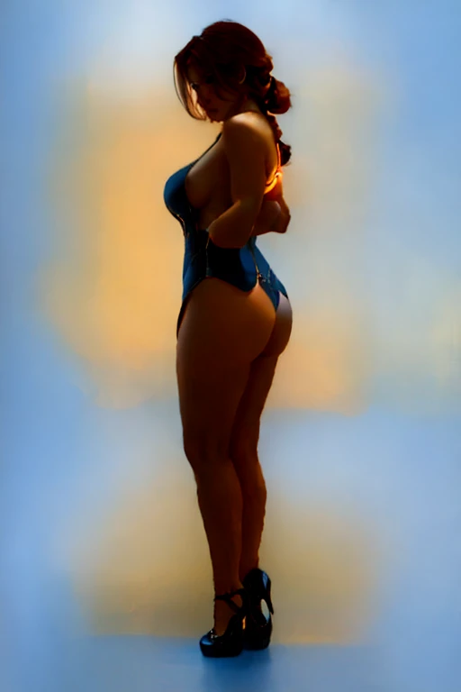 Illustration of Saigado, looking with her back to the camera, Mai Shiranui, super busty, 8k, hyper realistic, in her revealing uniform, surreal anime, digital coloring, high heels, beautiful young female model, highly detailed, best quality, body portrait full length, intricate details, art, depth of field, larger breasts, sexy, permissive, 1 person, decorations, light skin, glamour, 8k ultra hd, nightlife.
