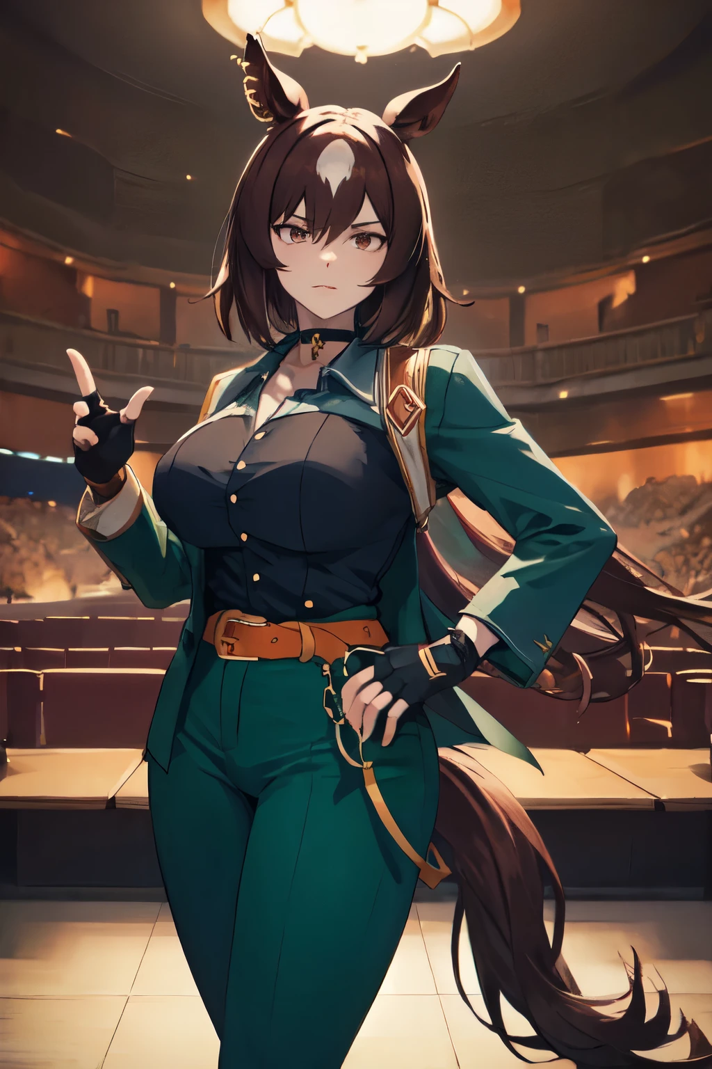 masterpiece, highest quality, 1 person,( Large Breasts, Are standing, View Audience),Detailed Background、A person who writes in detail、Accurate human body、Knowledgeable person、Five correct answers、Mature Woman,Thick thighs,cruvy body,solo,sirius symboli, horse ears, horse tail,green jacket, collared shirt, fingerless gloves, green pants, choker, belt