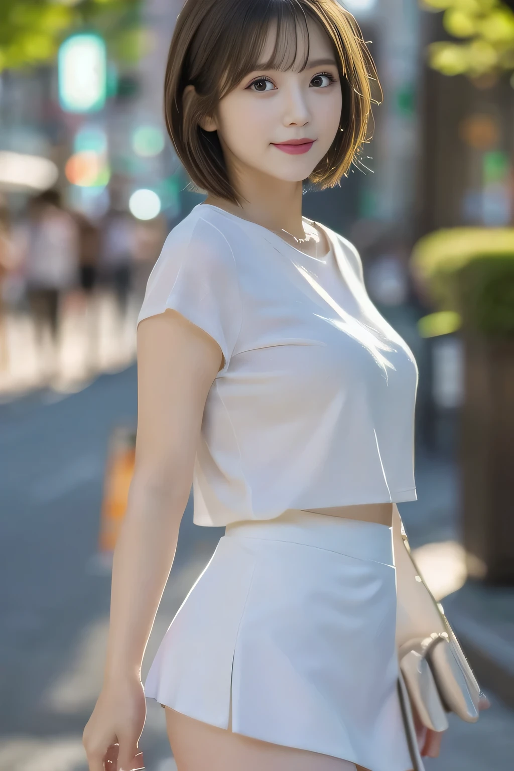 Masterpiece,(8k, RAW photo, best quality, masterpiece:1.2), (realistic, photo-realistic:1.4), (extremely detailed 8k wallpaper), sharp focus, depth of field, blur background, bokeh,Do not split,street,(Japanese Woman),20-year-old woman,short hair,(well-proportioned body shape:1.5),White blouse,(Tight skirt: 1.5),The whole body was photographed,full body