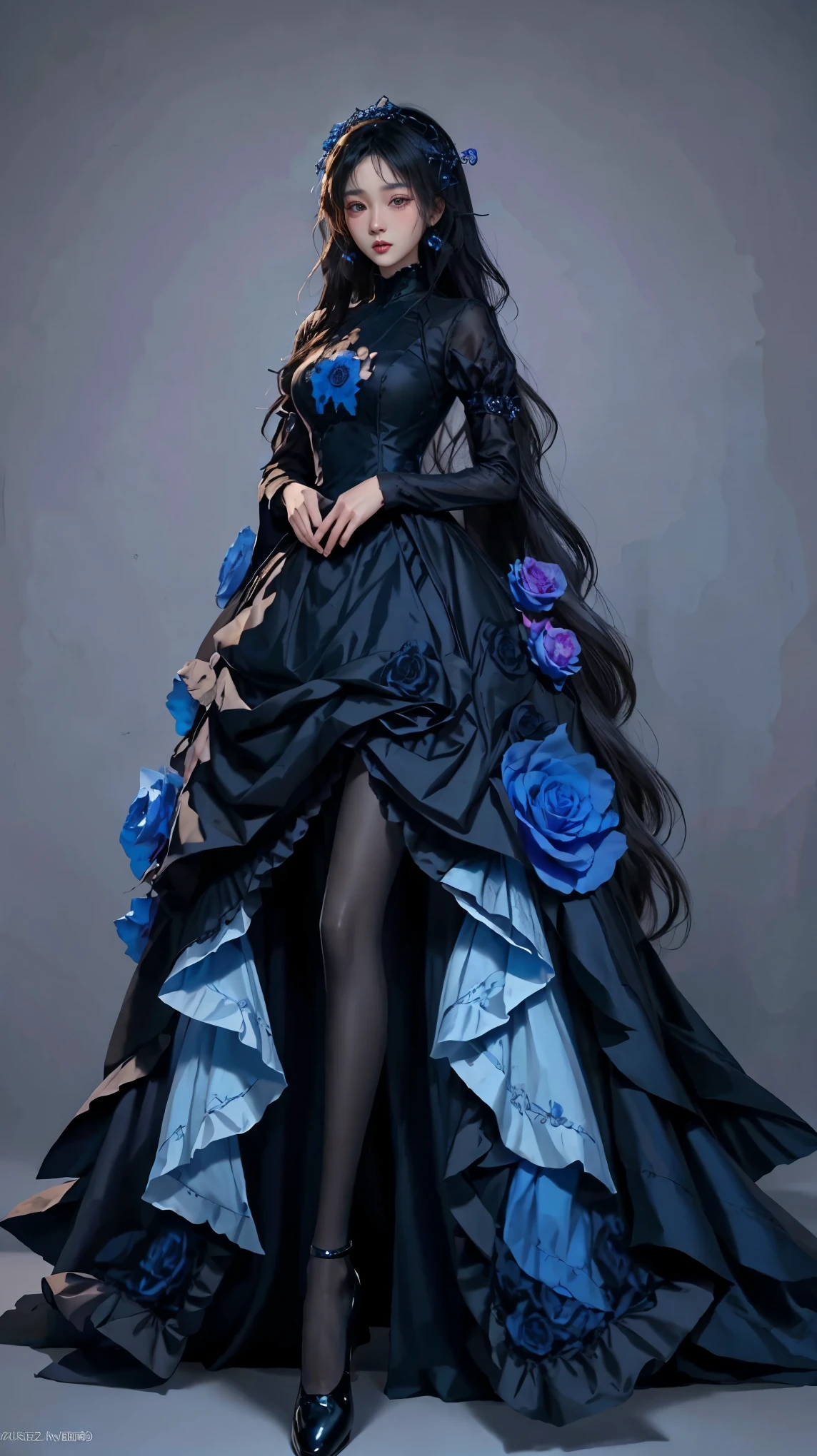 woman in black dress, Cute girl in beautiful clothes, Beautiful full body concept art, Beautiful and charming woman, Woman full body art, guweiz, Beautiful woman, Digital Art on pixiv, Full body illustration, Kushat Krenz Key Art Music, full body xianxia, Exquisite face Gorgeous face Exquisite face, blue rose theme , blue rose petals