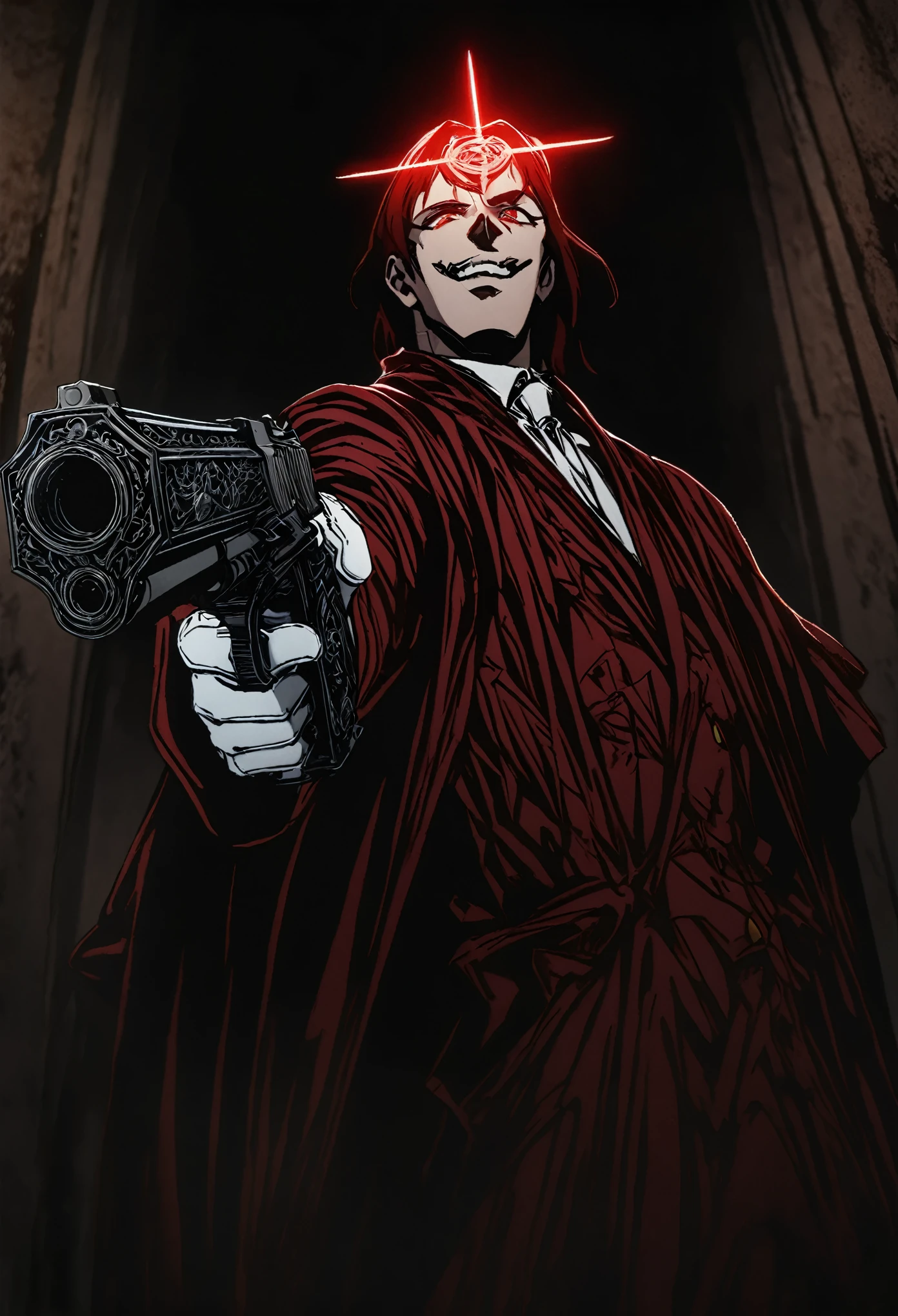 Alucard from "Hellsing" in close-up, in high quality.  Fisheye effect, focusing the image on the barrels of their distinctive engraved pistols, the Jackal and the Casull, pointing directly at the viewer.  The image shows his iconic red outfit in great detail, with the crimson coat fluttering slightly in the wind, and his white gloves with pentagrams clearly visible.  In the background, his face is clearly seen, with crimson eyes shining with malice and a cynical smile that reveals his sharp fangs.  The atmosphere is dark and oppressive, with high contrast to intensify his aura of terror.((dual weapons))