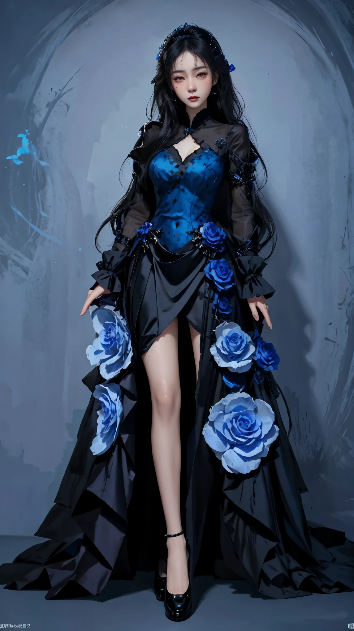 woman in black dress, Cute girl in beautiful clothes, Beautiful full body concept art, Beautiful and charming woman, Woman full body art, guweiz, Beautiful woman, Digital Art on pixiv, Full body illustration, Kushat Krenz Key Art Music, full body xianxia, Exquisite face Gorgeous face Exquisite face, blue rose theme , blue rose petals