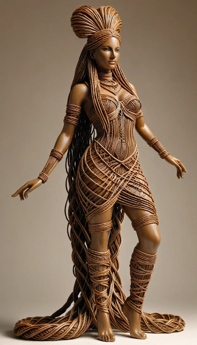 Sculpture du corp d'une sublime grande femme francaise faite en rotin tressés, corps entier, highly detailed rattan, very long hair in dark raffia rope braided braids , Sculpture très détaillé, (proportions parfaites, poitrine effet push-up,  long sublime legs very detailed, marche vers moi, me regarde droit dans les yeux, two perfectly detailed bare feet, fine and detailed hands), (Best quality, 8k,masterpiece:1.2, hyperRéaliste:1.2)