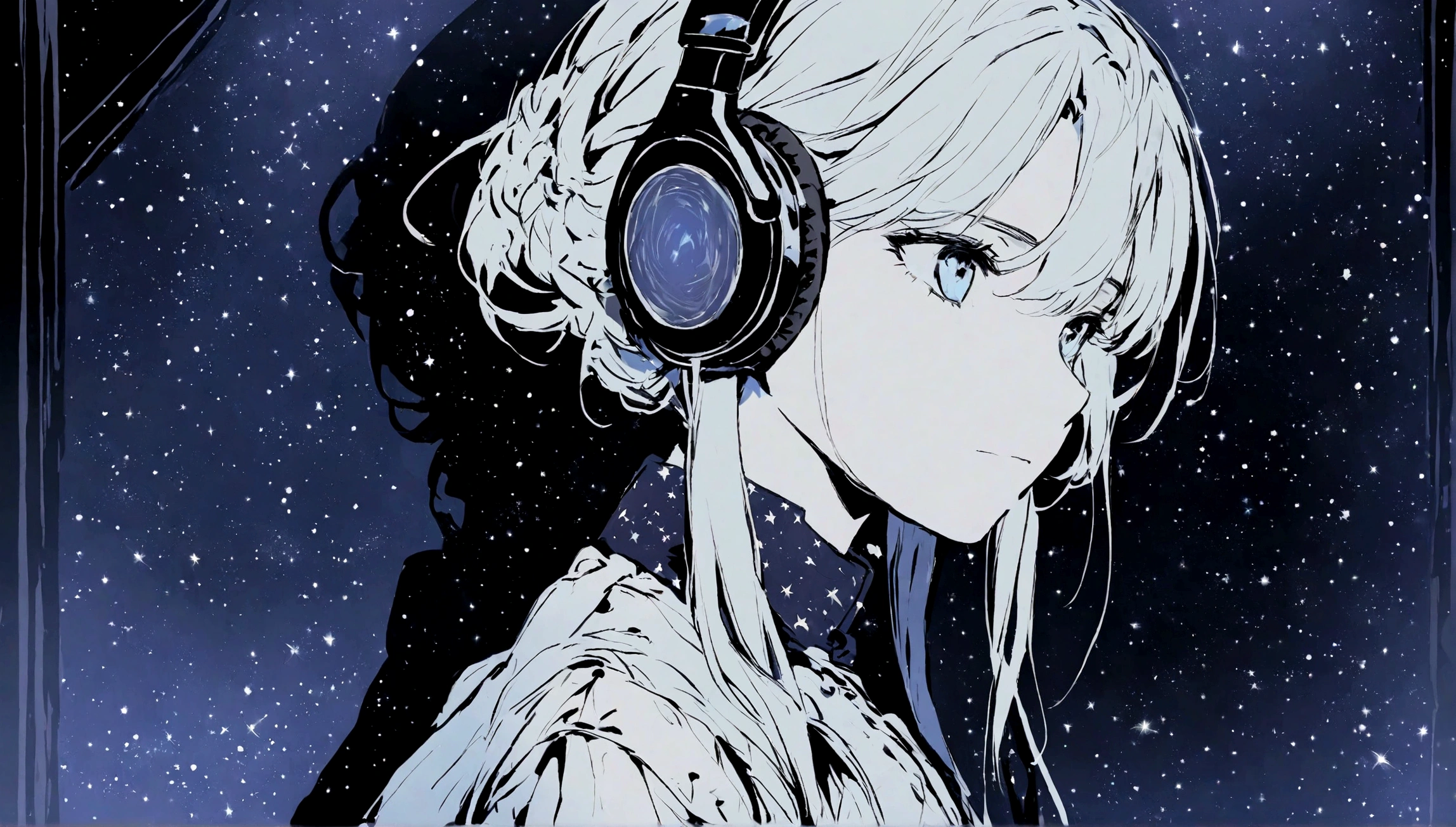 Girl listening to music wearing headphones,She wears American clothes，Look at the distant starry sky，wallpaper