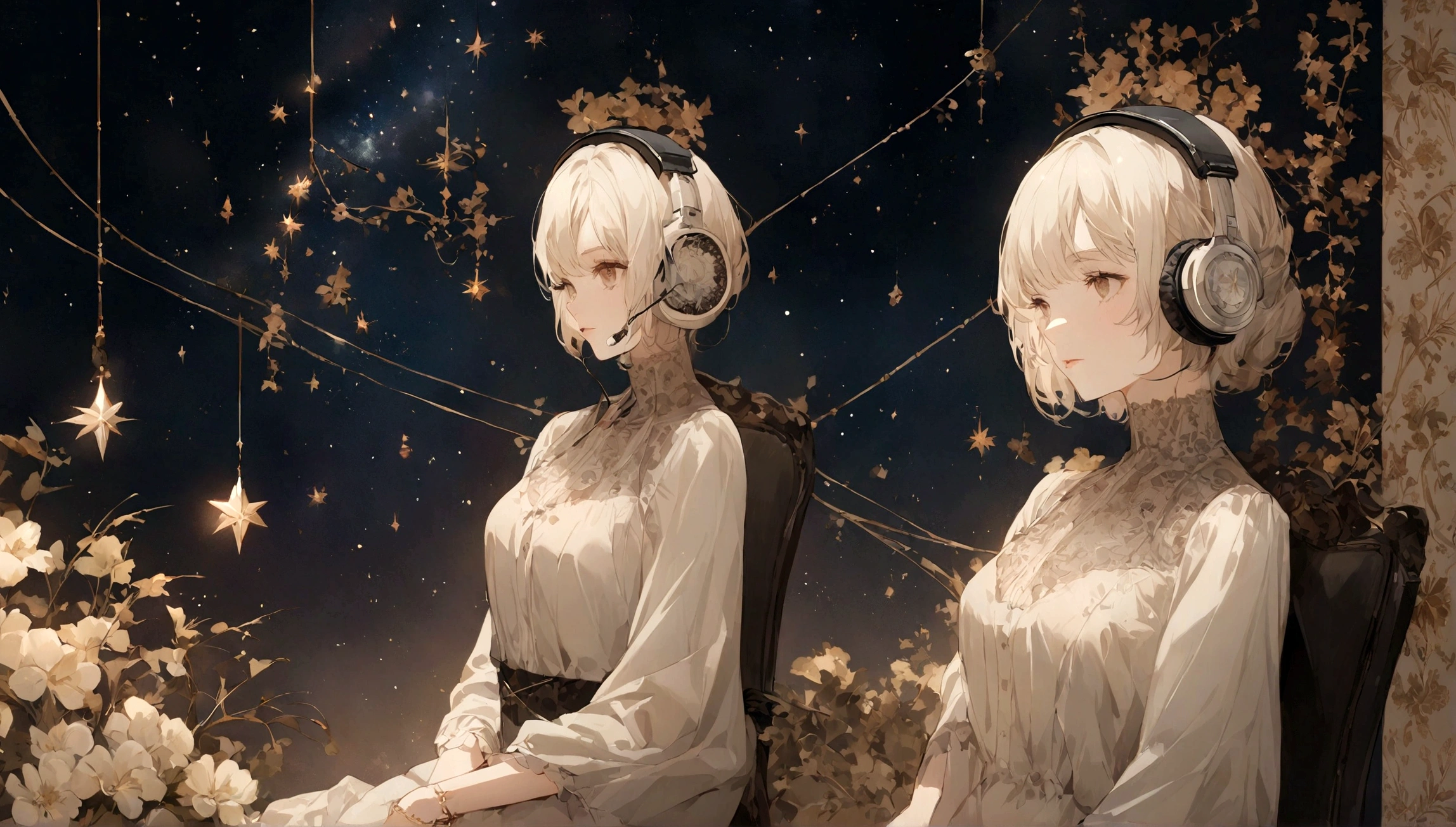 Girl listening to music wearing headphones,She wears American clothes，Look at the distant starry sky，wallpaper