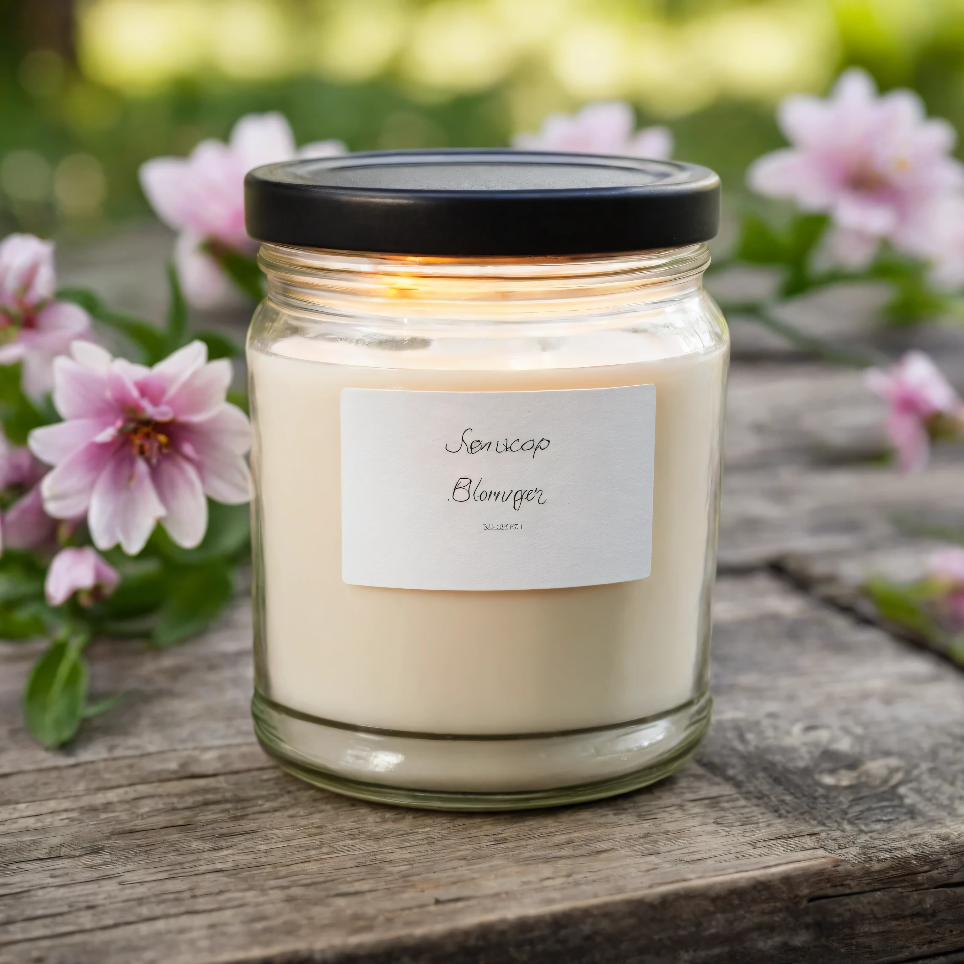 Mockup empty, a blank small beige candle in a jar with white label and black lid standing on a rustic wooden surface, with spring garden in the background, flowers and trees blooming, sony a7 camera, 50mm lens, shallow depth of field macro photography