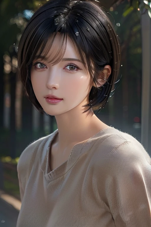 (masterpiece:1.3), (8k, photorealistic, RAW photo, best quality: 1.4), (1girl), beautiful face, (realistic face), (black hair, short hair:1.3), beautiful hairstyle, realistic eyes, beautiful detailed eyes, (realistic skin), beautiful skin, (sweater), absurdres, attractive, ultra high res, ultra realistic, highly detailed, golden ratio,whole body
