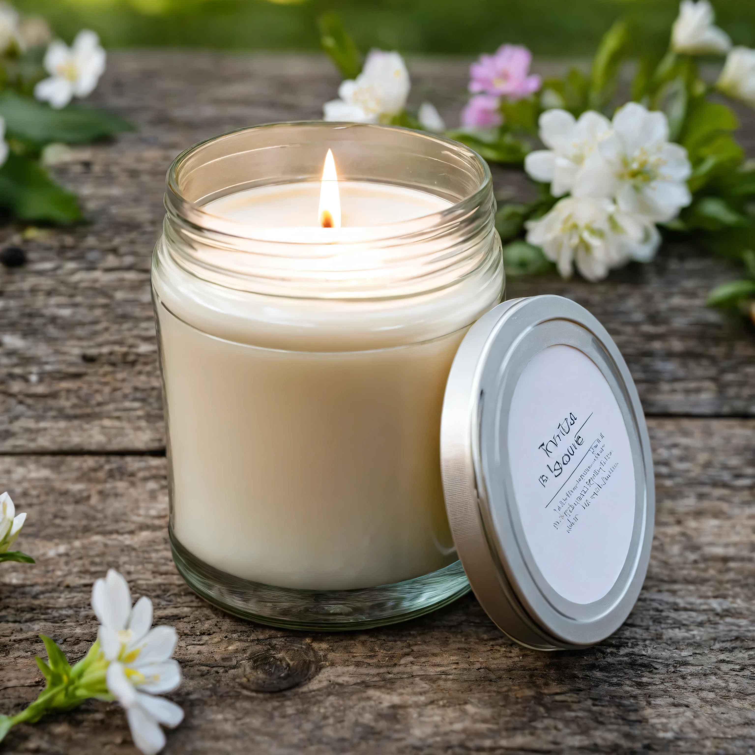 Mockup empty, a blank small beige candle in a jar with white label and black lid standing on a rustic wooden surface, with spring garden in the background, flowers and trees blooming, sony a7 camera, 50mm lens, shallow depth of field macro photography