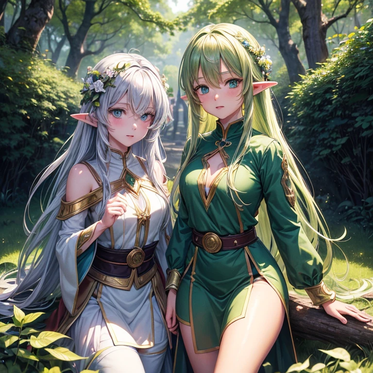 (8k, super details, award winning, high res), anime illustration, two elf girls. One with long silver hair, green eyes. The other with short golden hair, blue eyes, in a green tunic. Set in a magical forest with glowing flowers and ancient trees.