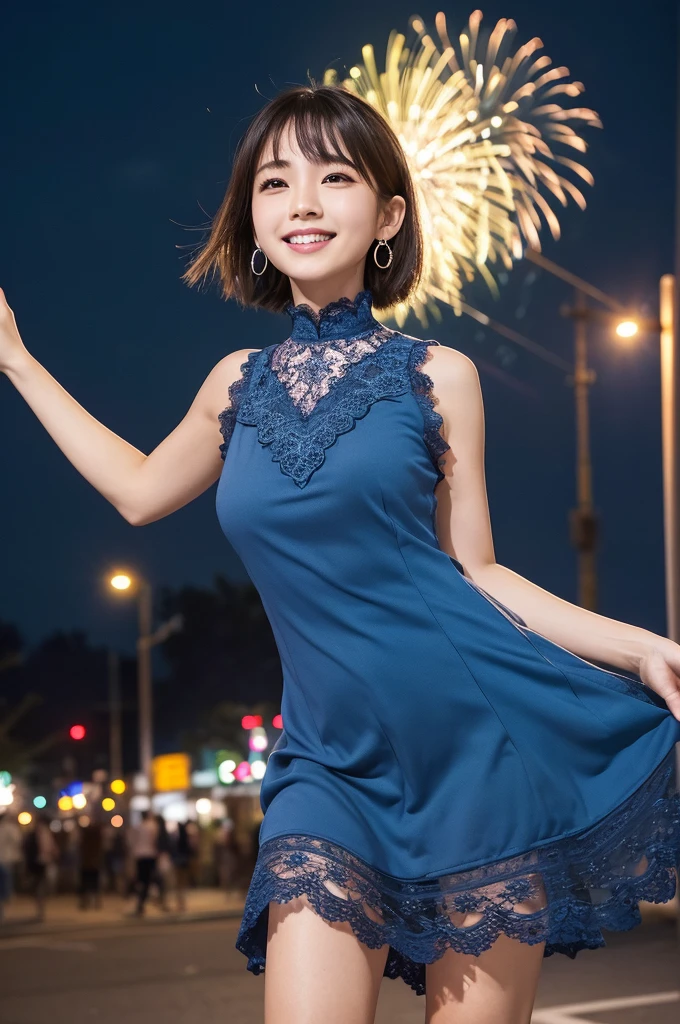 京都木屋町street Blue clothes on, highest quality, 1peopleの女の子, Big Tits, Blur the background, (street:0.8), (people々, crowd:1), (lace trim dress:1.5, Sleeveless dress, Blue clothes, Blue High Neck Dress:1.2, Blue clothes: 1.5), nice, (short hair, amount:1.2), Earrings, (Dynamic pose:1.2), (Upper Body:0.8), Soft lighting, Wind, Shiny and clear skin, smile,I can see big fireworks