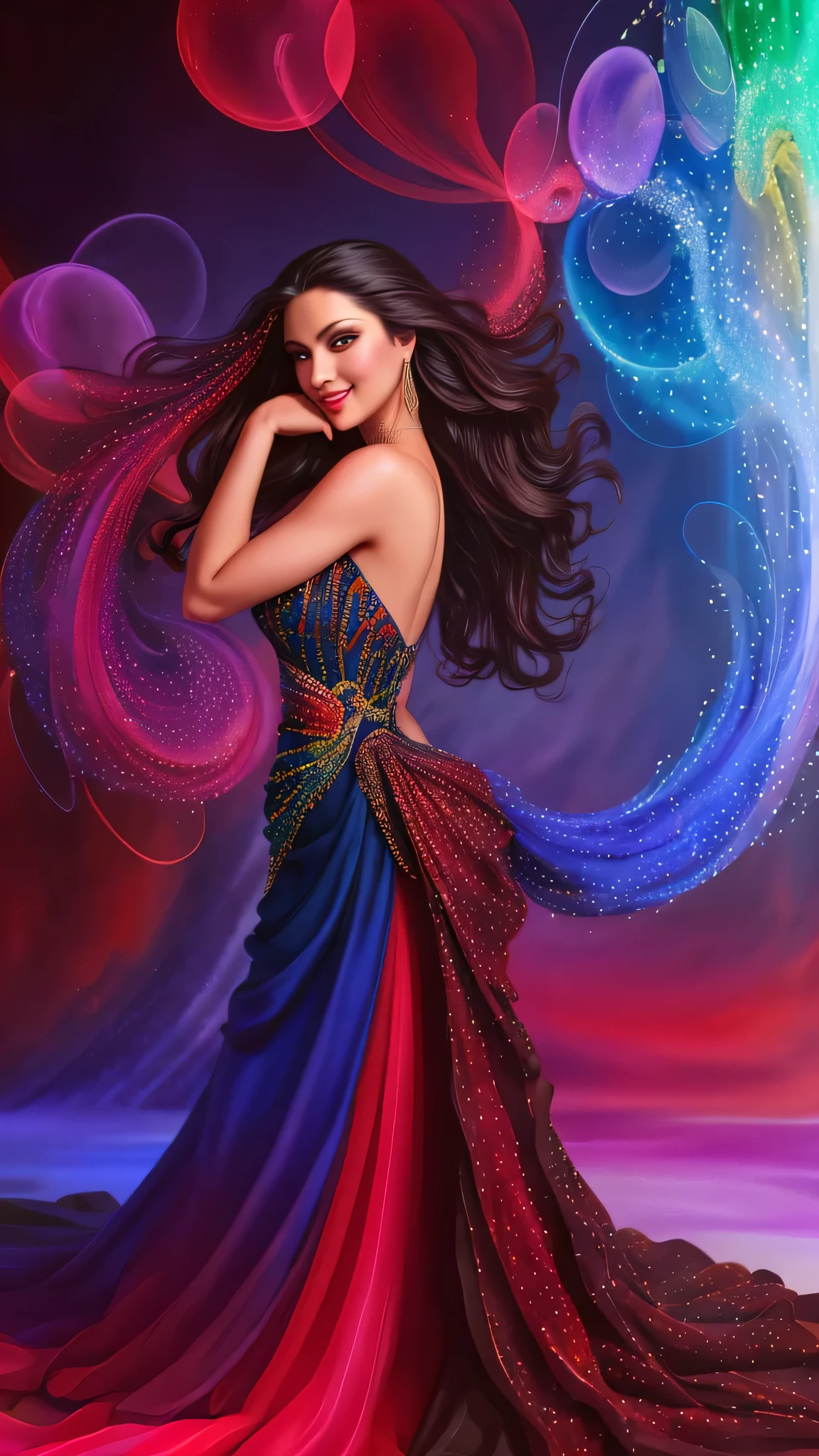 masterpiece,4K,best quality,absurdres, white background ,smiling,(masterpiece, top quality, best quality, official art, beautiful and aesthetic:1.2), extreme detailed, colorful, highest detailed, (watercolour painting:1.3), optical mixing, playful patterns, lively texture, rich colors, unique visual effect, (masterpiece, top quality, official art), (light painting), (long exposure:1.2), dynamic streaks, extreme detailed, black paintings, red and black, candid moments captured, slumped, draped,
hc_gown, a woman wearing a chic blue dress decorated with shiny jewels, cowboy shot,
