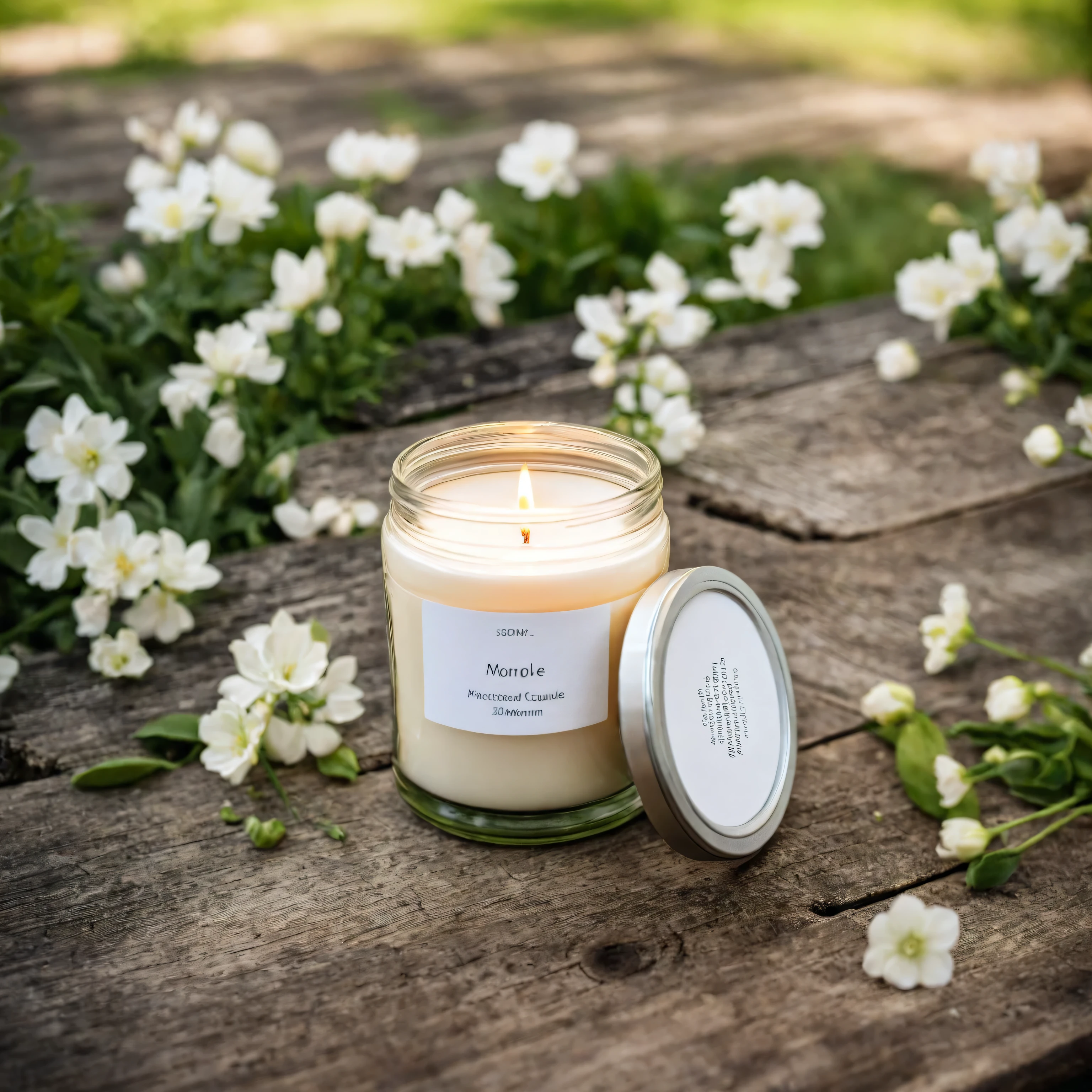 Mockup empty, a blank small beige candle in a jar with white label and black lid standing on a rustic wooden surface, with spring garden in the background, flowers and trees blooming, sony a7 camera, 50mm lens, shallow depth of field macro photography