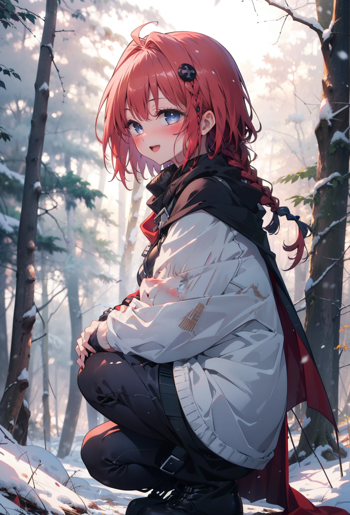 kurosaki mea,Redhead,Long Hair,Long braids,Purple eyes,smile,smile,blush,White Breath,
Open your mouth,snow,Ground bonfire,,Outdoor, boots, snowing, From the side, wood, suitcase, Cape, Blurred, , forest, White handbag, nature,  Squat, Mouth closed, Cape, winter, Written boundary depth, Black shoes, red Cape break looking at viewer, Upper Body, whole body, break Outdoor, forest, nature, break (masterpiece:1.2), highest quality, High resolution, unity 8k wallpaper, (shape:0.8), (Beautiful and beautiful eyes:1.6), Highly detailed face, Perfect lighting, Extremely detailed CG, (Perfect hands, Perfect Anatomy),