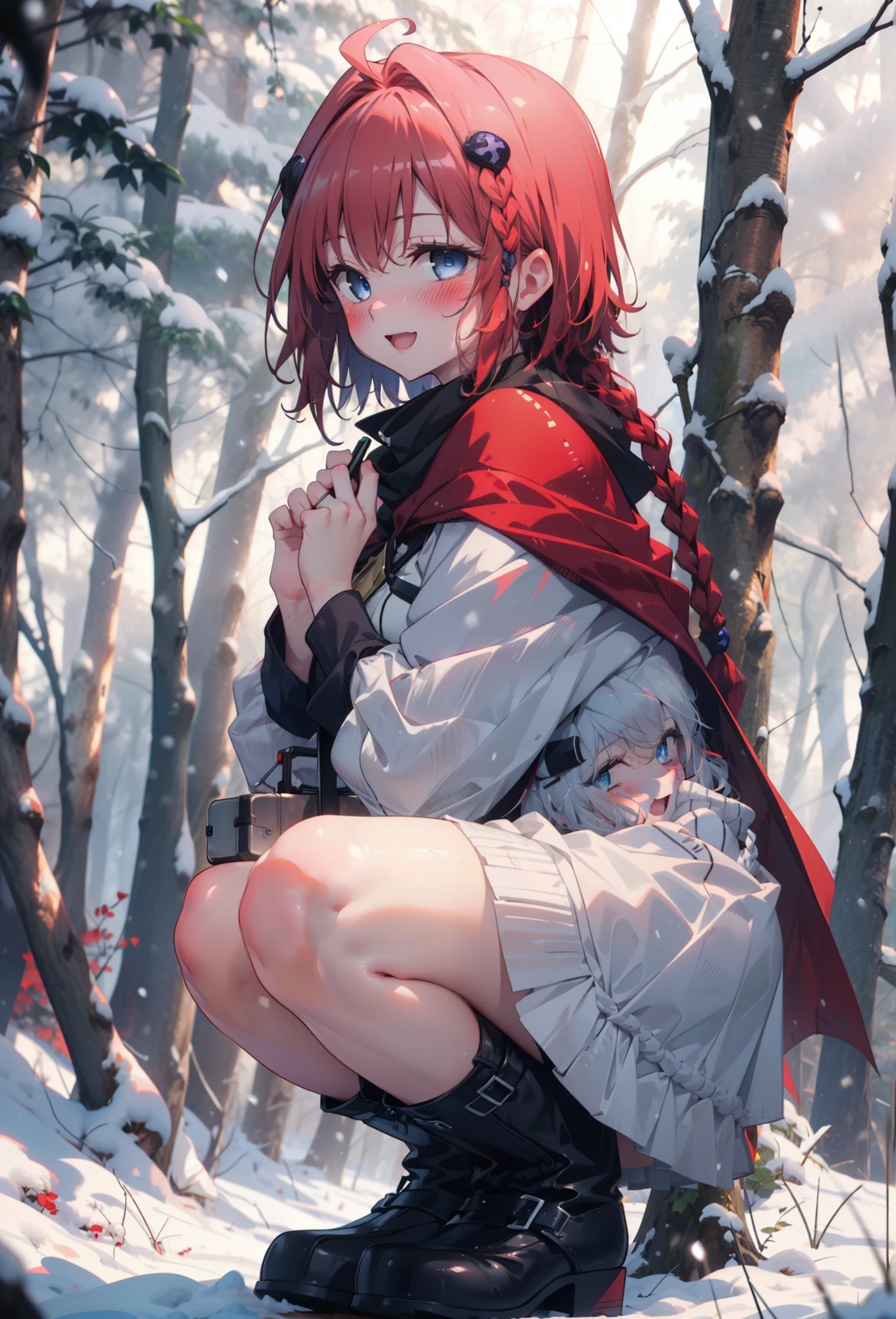 kurosaki mea,Redhead,Long Hair,Long braids,Purple eyes,smile,smile,blush,White Breath,
Open your mouth,snow,Ground bonfire,,Outdoor, boots, snowing, From the side, wood, suitcase, Cape, Blurred, , forest, White handbag, nature,  Squat, Mouth closed, Cape, winter, Written boundary depth, Black shoes, red Cape break looking at viewer, Upper Body, whole body, break Outdoor, forest, nature, break (masterpiece:1.2), highest quality, High resolution, unity 8k wallpaper, (shape:0.8), (Beautiful and beautiful eyes:1.6), Highly detailed face, Perfect lighting, Extremely detailed CG, (Perfect hands, Perfect Anatomy),