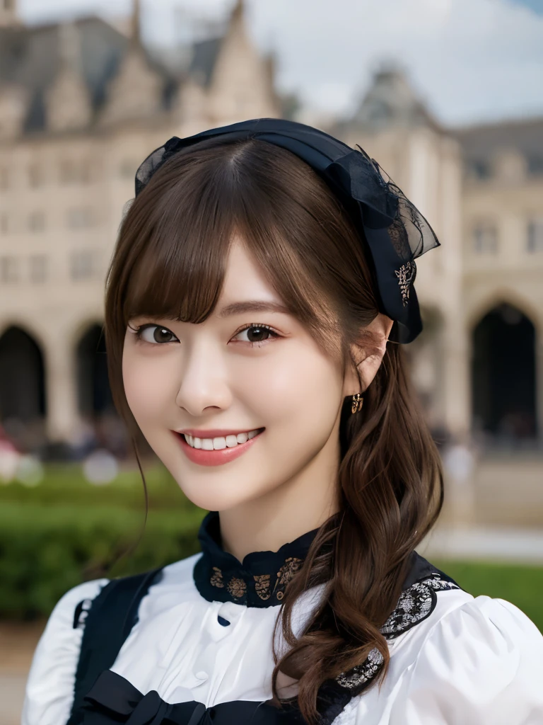 (Realistic, photo-Realistic:1.37), Incredibly absurd, (Very detailed:1.3), 8k, (masterpiece), (highest quality:1.4), (Ultra-high resolution:1.2), (RAW Photos:1.2), Very detailed background, (unity 8k wallpaper), 1 nogizaka girl, very cute, bishojo, 15 years, (Gothic Lolita Fashion), Exquisitely drawn beautiful faces, eyes and skin, Detailed black shiny hair, Elegant frills, Frilled tie, Ribbon tie, Rose Hair Accessories, Delicate lace dress, Soft fabric, Beautiful rose pattern, Smiling for the camera, Cowboy Shot, European castle landscape, Professional Lighting