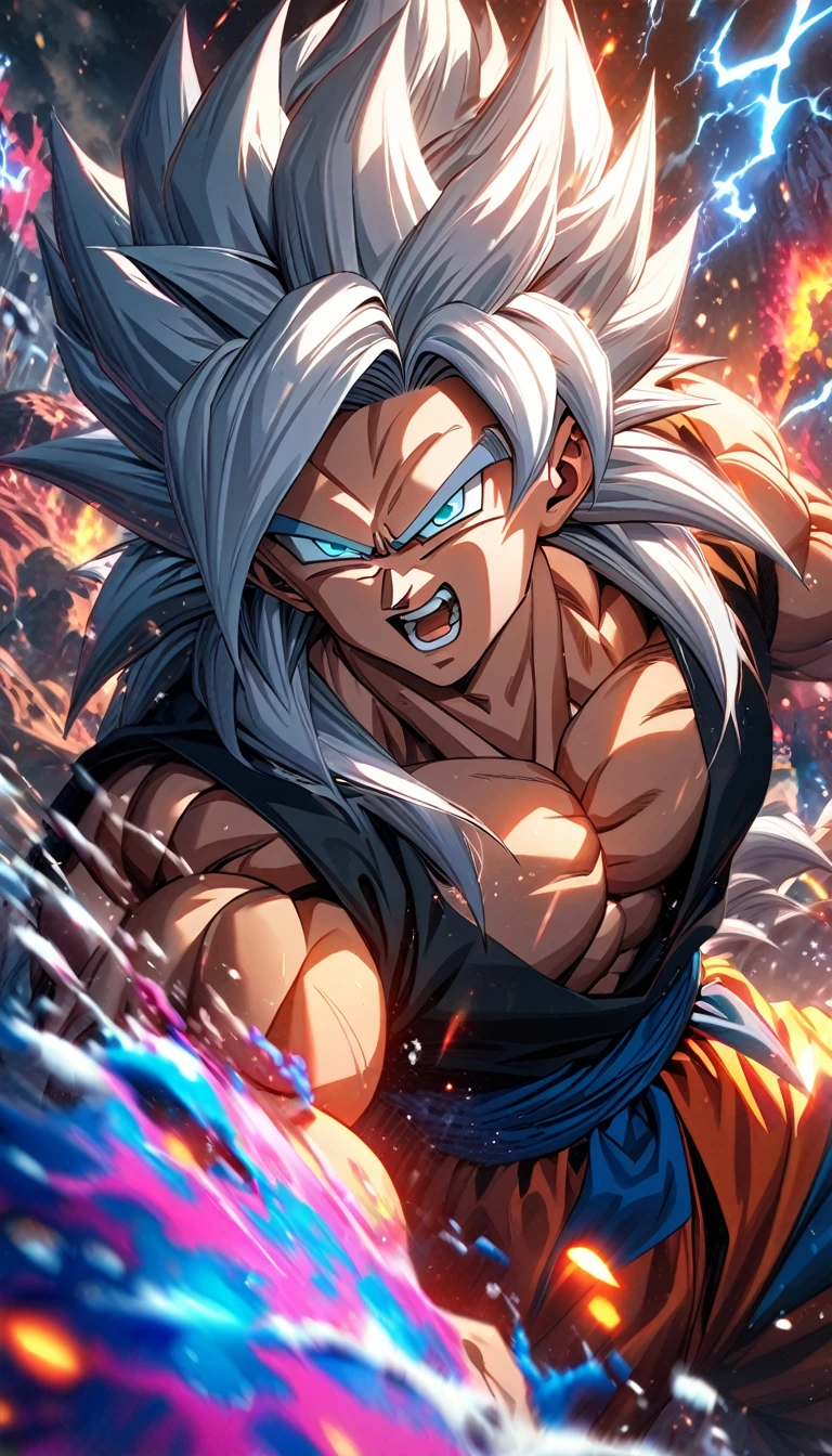 absurdres, highres, ultra detailed, HDR, masterpiece, extremely detailed face and eyes,Super Saiyan 5 Goku, Long White Hair, Dragon Ball solo, man, handsome, ,black shirt, , Epic fight scene, red and blue lightning effect, glowing glitters, full effect, full colorfull, colorful water splashing effect, colorful lava splashing effect