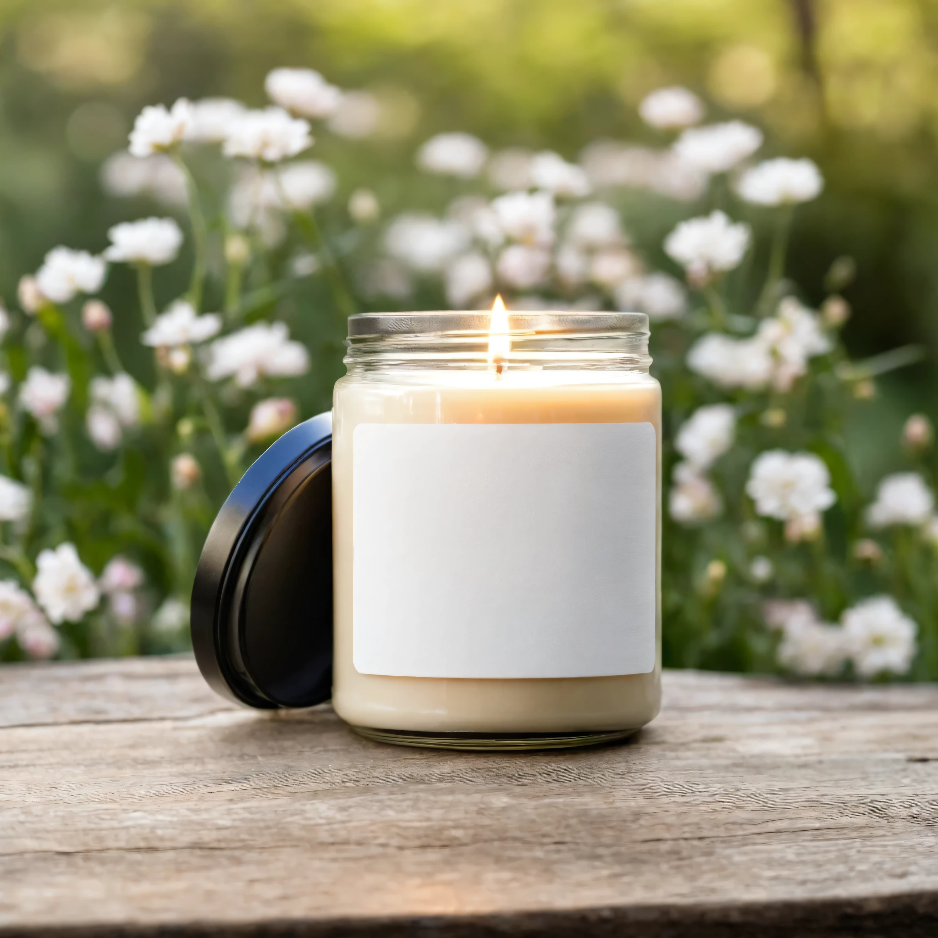 Mockup empty, a blank small beige candle in a jar with white label and black lid standing on a rustic wooden surface, with spring garden in the background, flowers and trees blooming, sony a7 camera, 50mm lens, shallow depth of field macro photography