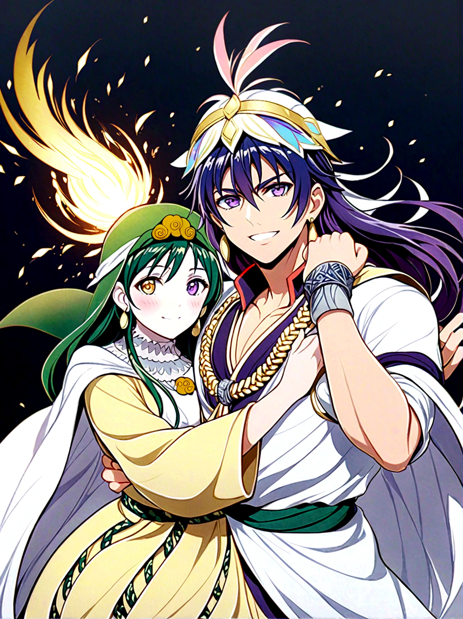 Japanese Manga "Magi: The Labyrinth of Magic", sinbad, magi, 1boy, solo, Male focus, looking at the viewer, jewelry, purple hair, brown eyes, long hair, deep eyes, handsome appearance and heroic temperament, gorgeous clothing, wearing headdress and jewelry, showing aristocratic majesty and elegance, his burly and strong figure, showing his strong fighting ability and leadership style, magic tools, magic battle, lightning explosion, masterpiece, best quality, high quality, full body, long shot