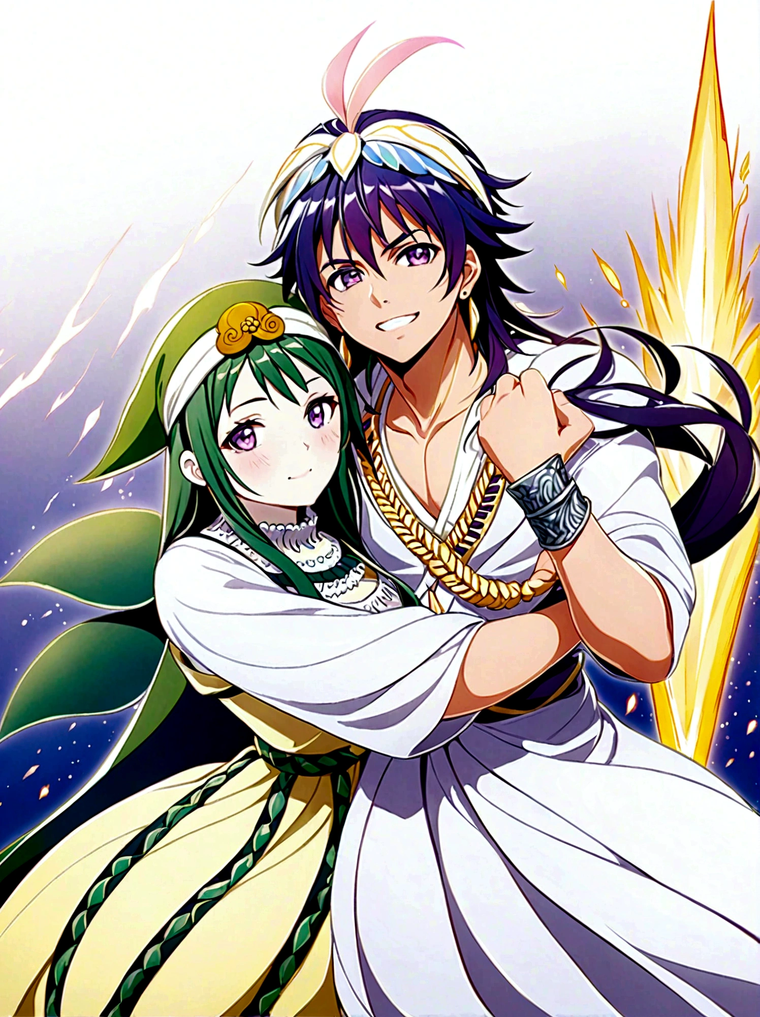 Japanese Manga "Magi: The Labyrinth of Magic", sinbad, magi, 1boy, solo, Male focus, looking at the viewer, jewelry, purple hair, brown eyes, long hair, deep eyes, handsome appearance and heroic temperament, gorgeous clothing, wearing headdress and jewelry, showing aristocratic majesty and elegance, his burly and strong figure, showing his strong fighting ability and leadership style, magic tools, magic battle, lightning explosion, masterpiece, best quality, high quality, full body, long shot