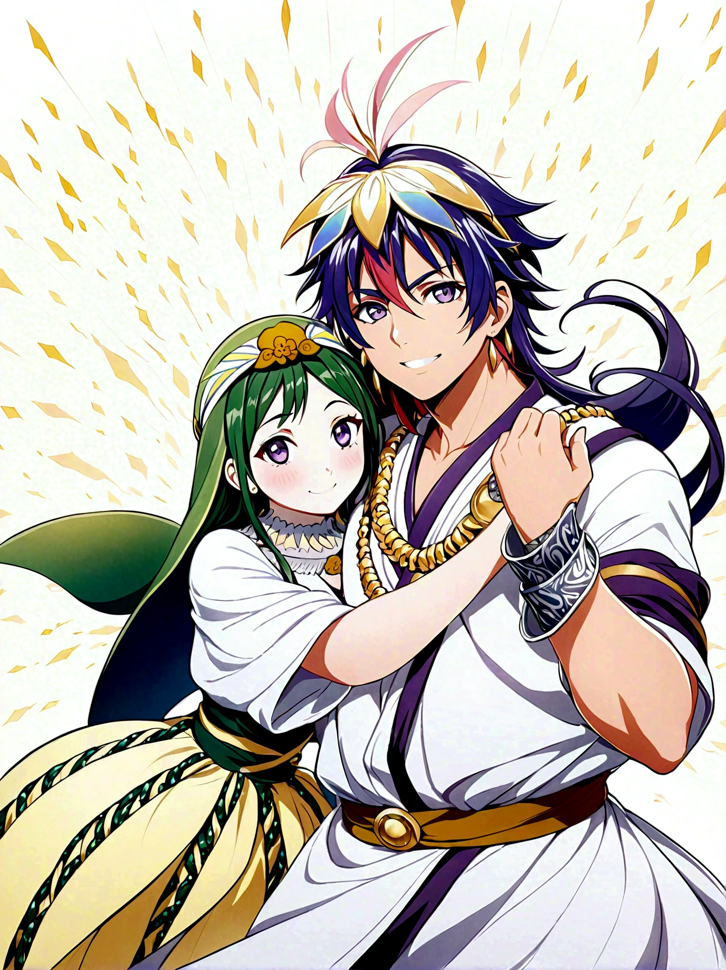 Japanese Manga "Magi: The Labyrinth of Magic", sinbad, magi, 1boy, solo, Male focus, looking at the viewer, jewelry, purple hair, brown eyes, long hair, deep eyes, handsome appearance and heroic temperament, gorgeous clothing, wearing headdress and jewelry, showing aristocratic majesty and elegance, his burly and strong figure, showing his strong fighting ability and leadership style, magic tools, magic battle, lightning explosion, masterpiece, best quality, high quality, full body, long shot