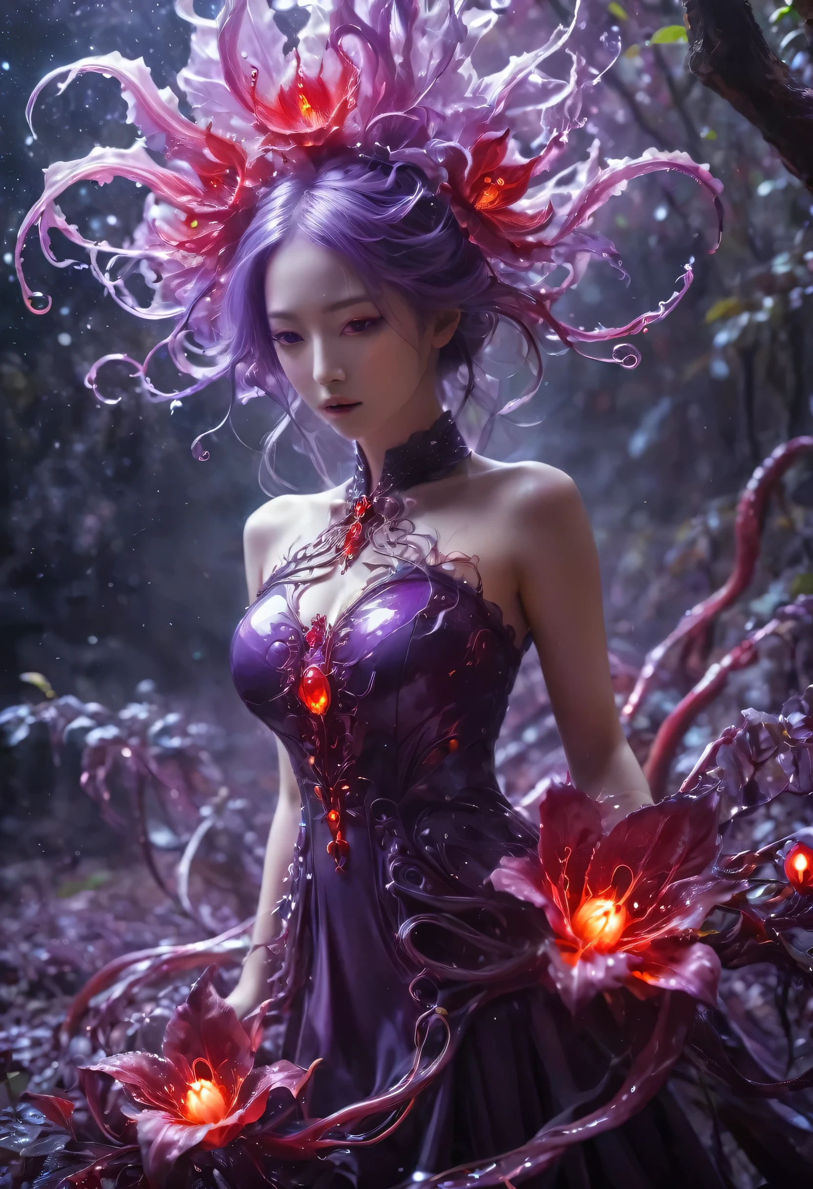 Magic plantloody ghost flower from the abyss, Ghost Flower,Blood-red tentacles stare at the dead,Enchantment,uncanny,terror,Wrapping purple magic lightning, epic magic power, The corolla emits intense light, Electric branch, epic thunderstorm, terror shock, Surreal, Crazy, Whimsical, octaneratingrendering, iintricate,