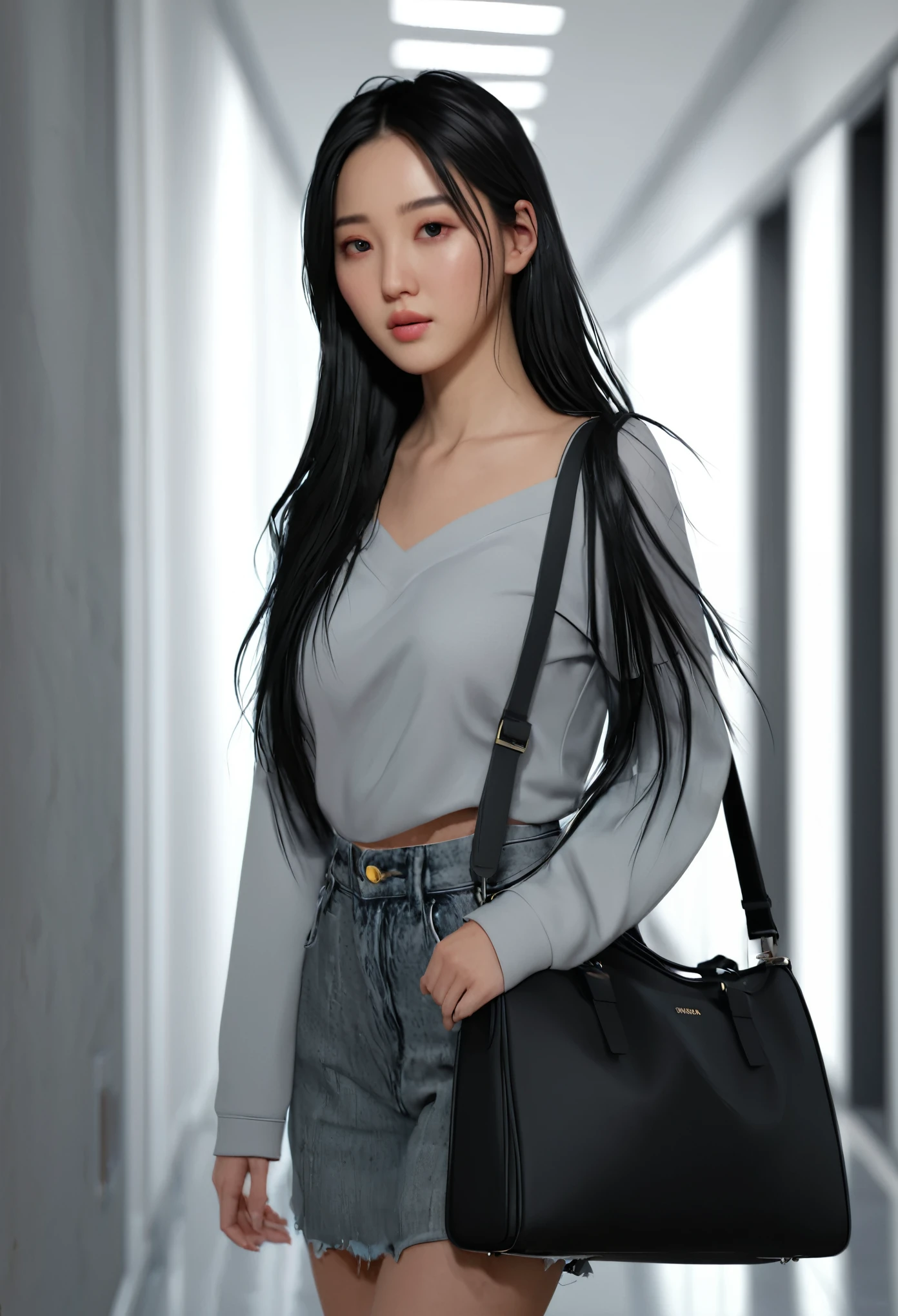 There is a woman with a bag standing in the corridor, Realistic animation3D style, [ 4k digital art ]!!, Sideways，Soft portrait shots 8k, Realistic animation, Realistic animation art style, Realistic animation girl render, guweiz style artwork, Realistic digital art 4k, Realistic digital art 4k, Portrait of Korean female idol，Long straight hair，black hair