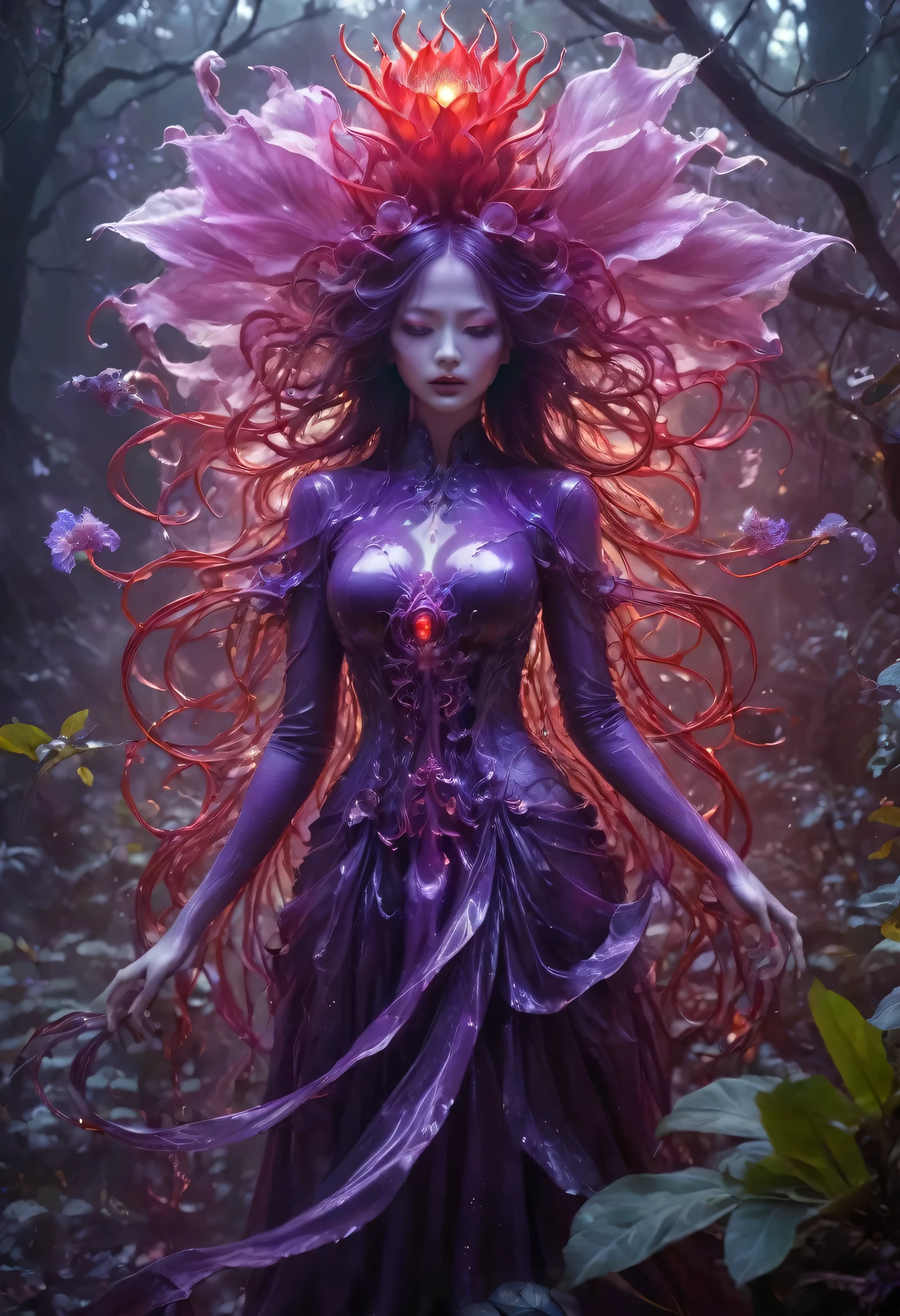Magic plantloody ghost flower from the abyss, Ghost Flower,Blood-red tentacles stare at the dead,Enchantment,uncanny,terror,Wrapping purple magic lightning, epic magic power, The corolla emits intense light, Electric branch, epic thunderstorm, terror shock, Surreal, Crazy, Whimsical, octaneratingrendering, iintricate,