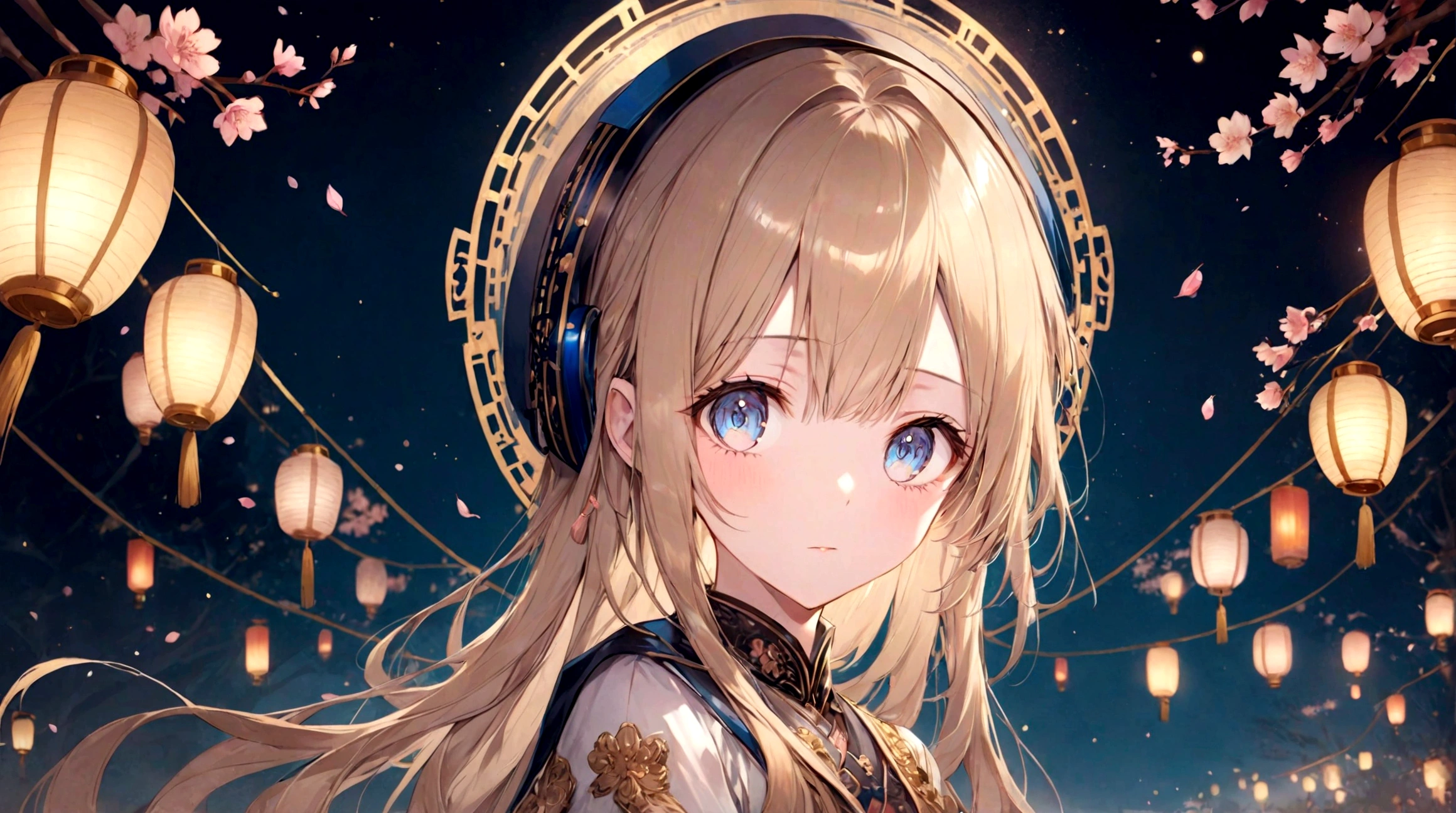 Create an anime-style image of a beautiful young woman with long, wavy blonde hair adorned with cherry blossoms. She should be standing in a scenic background filled with blooming cherry blossoms and softly glowing lanterns at dusk. The atmosphere should be romantic and serene, with warm lighting. The woman should be facing forward, looking directly at the viewer with a gentle, calm expression. Her outfit should be elegant and delicate, complementing the overall dreamy and ethereal feel of the scene.