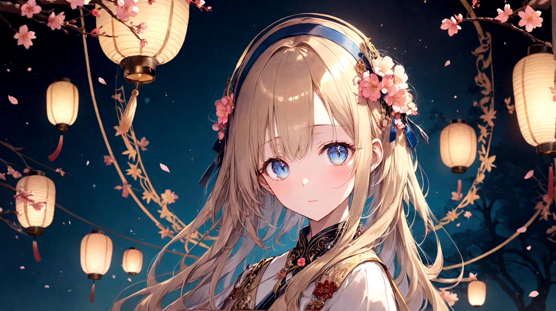 Create an anime-style image of a beautiful young woman with long, wavy blonde hair adorned with cherry blossoms. She should be standing in a scenic background filled with blooming cherry blossoms and softly glowing lanterns at dusk. The atmosphere should be romantic and serene, with warm lighting. The woman should be facing forward, looking directly at the viewer with a gentle, calm expression. Her outfit should be elegant and delicate, complementing the overall dreamy and ethereal feel of the scene.