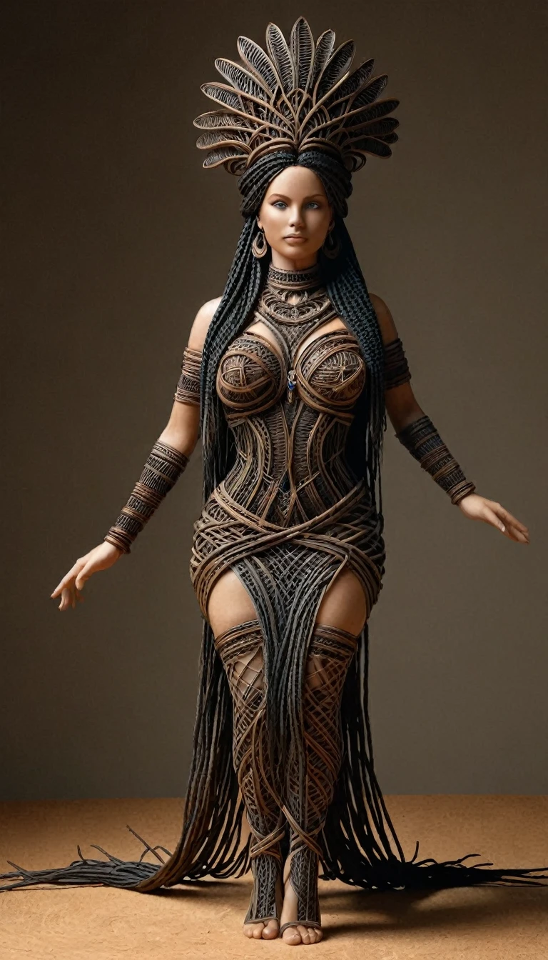 Sculpture du corp d'une sublime grande femme européenne faite en rotin tressés, corps entier, highly detailed rattan, very long black hair in dark raffia rope braided braids , Sculpture très détaillé, (proportions parfaites, sublime poitrine effet push-up,  long sublime legs very detailed, marche vers moi, me regarde droit dans les yeux, two perfectly detailed bare feet, fine and detailed hands), (Best quality, 8k,masterpiece:1.2, hyperRéaliste:1.2)