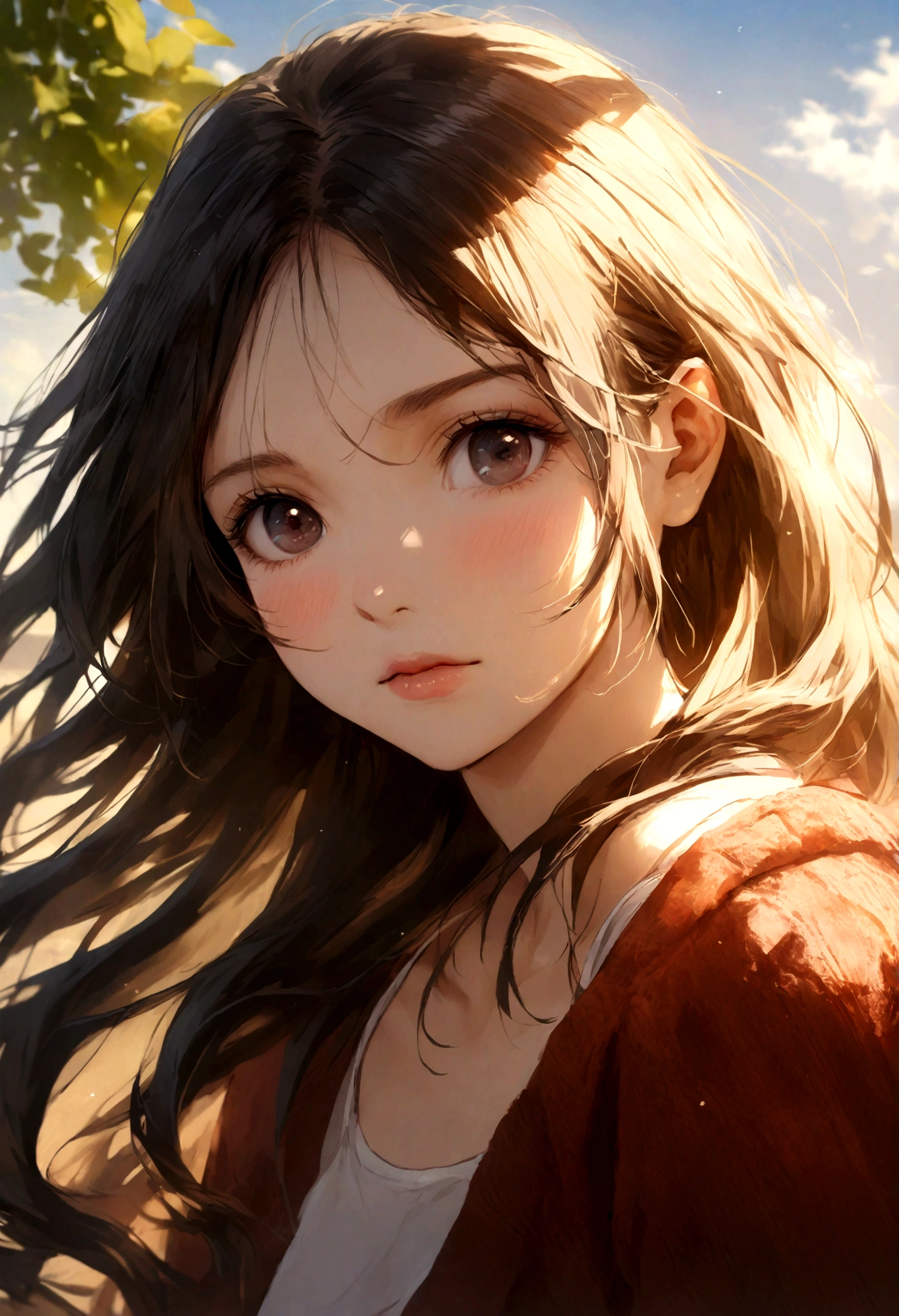 A photorealistic portrait of a 21-year-old espagniole girl with long, flowing dark hair and striking dark eyes. She should have a natural, approachable expression and be illuminated by soft, golden-hour sunlight. The background should be a scenic outdoor setting, perhaps a sunlit park or beach. Capture this image with a high-resolution photograph using an 85mm lens for a flattering perspective.