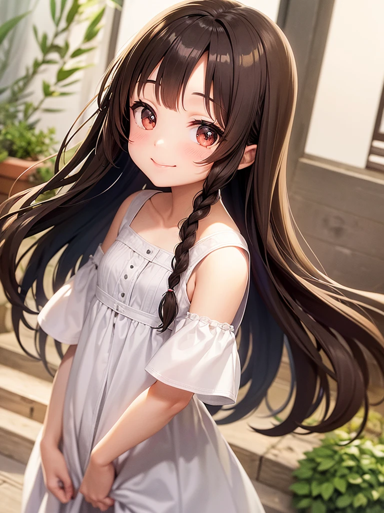masterpiece, top quality, high resolution, chi1, girl one, long hair, one side up, solo, bracelet, bangs, bare shoulders, blue shirt, floral, short sleeve, off-shoulder shirt, ruffles, blue skirt, ((panties from front))), cowboy shot, smile,