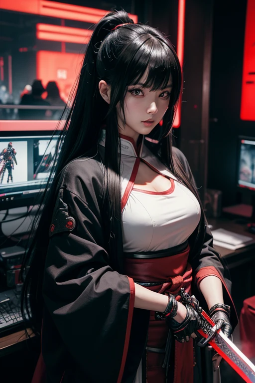 High resolution、8k、Digital Cyberpunk Art、Long black hair、Wearing cyberpunk white and red and samurai armor、Japanese women、Medium chest、In front of countless monitors、(hand holding shining mechanical sword, gripping shining mechanical sword in hand)