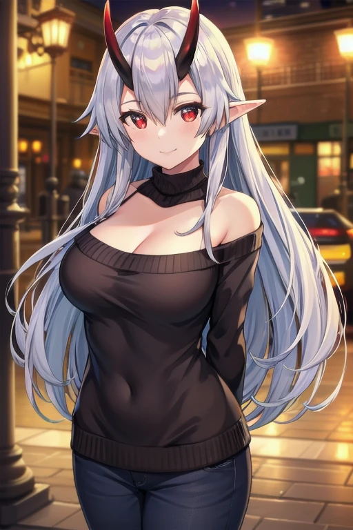 masterpiece, best quality, 1girl, tomoe gozen, torino style, glowing red eyes, smug smile, hair between eyes, silver long hair, elf, oni horns, sweater, bare shoulders, cleavage, hands behind back, ultra-detailed, realistic, photorealistic, HDR, UHD, studio lighting, ultra-fine painting, sharp focus, physically-based rendering, extreme detail description, professional, vivid colors, bokeh