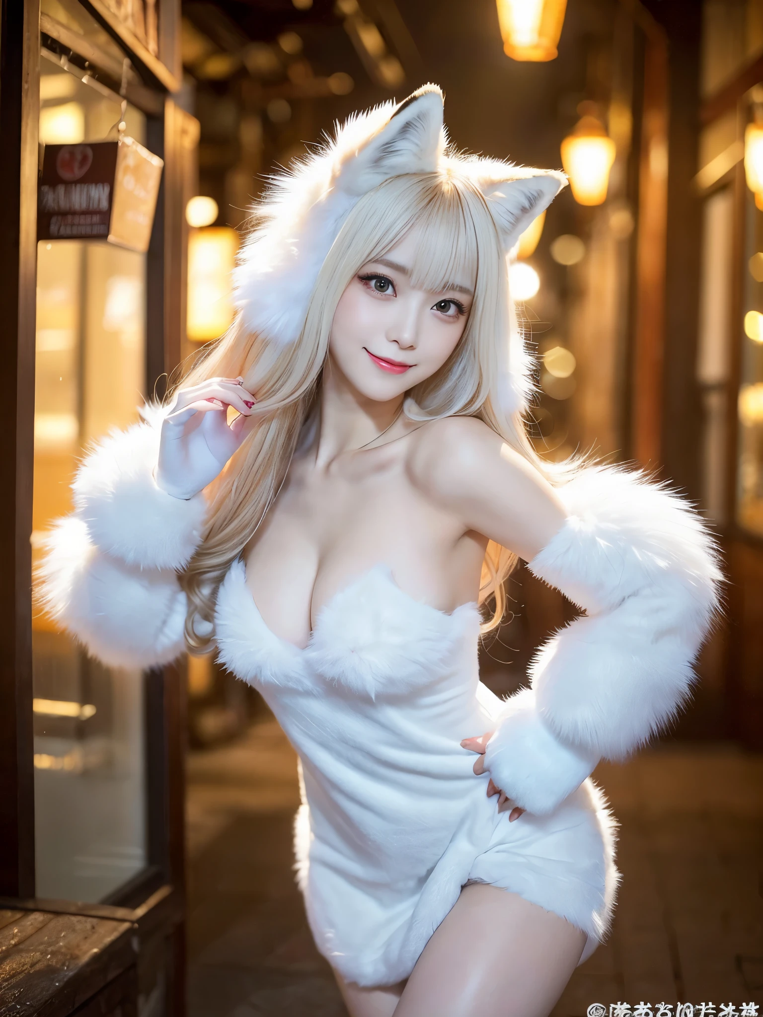 ( Masterpiece, highest quality), 98k, ((Perfect Anatomy:1.3)),Beautiful Japanese Women, Succubus,alone, 20-year-old, Small face,(Cute face:1.2),Smiling, Larger breasts, ,Beautifully detailed round eyes, Evenly spaced eyes 1.2, Long platinum blonde hair,Random Hair, (Highly detailed face and skin texture), Beautiful face in golden proportions,White skin,Accentuate your beautiful legs,(Fox::1.2),(Fur dress:1.2),(Fluffy Fox Paw Gloves:1.2),(Fluffy tail),Random sexy poses, The background is the underworld
