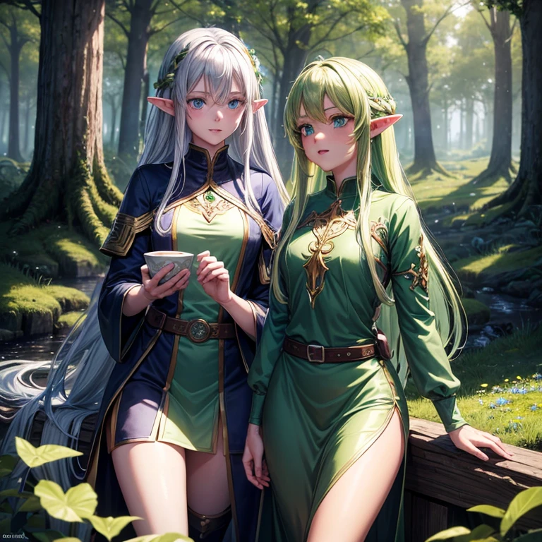 (8k, super details, award winning, high res), anime illustration, two elf girls. One with long silver hair, green eyes. The other with short golden hair, blue eyes, in a green tunic. Set in a magical forest with glowing flowers and ancient trees.